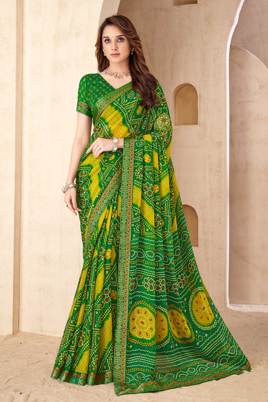 Green Printed Chiffon Bandhani Saree-ZB134678_1_SareeButa.com