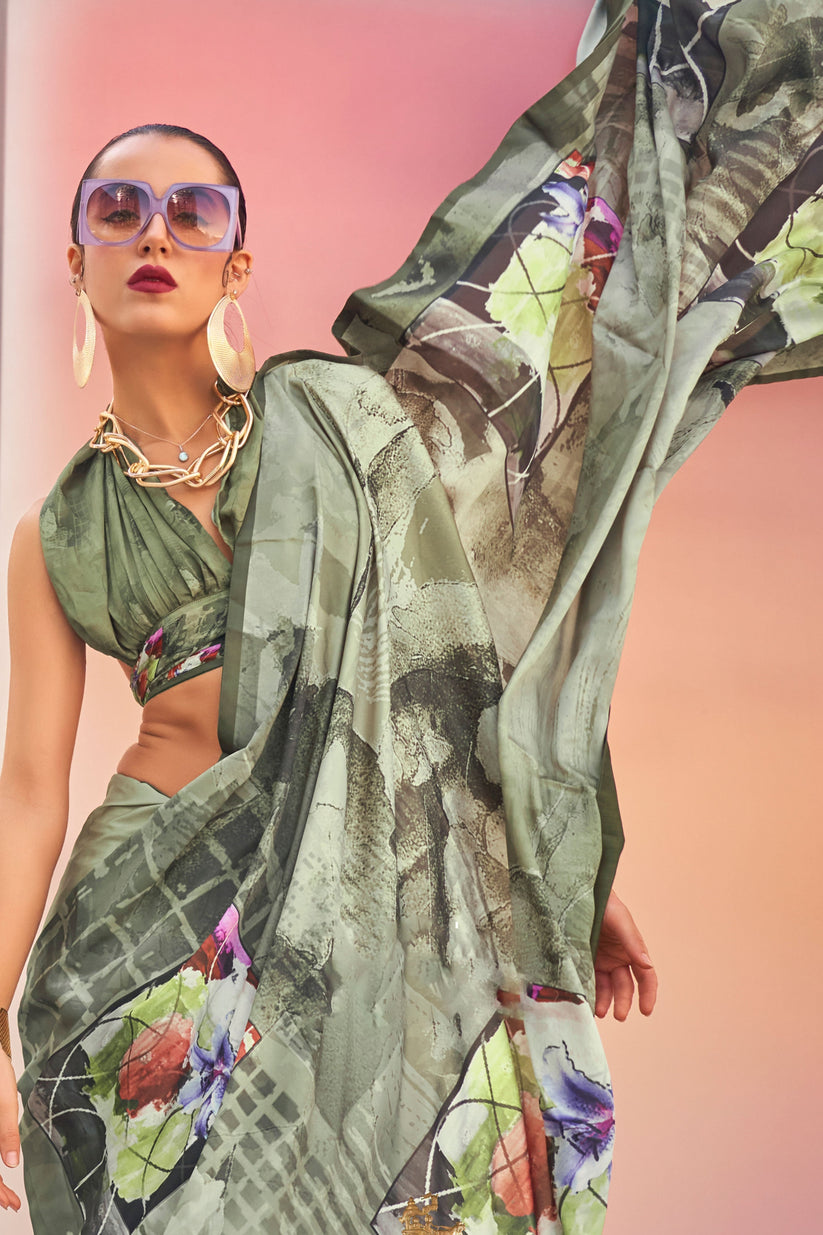 Green Printed Satin Silk Saree main image 0