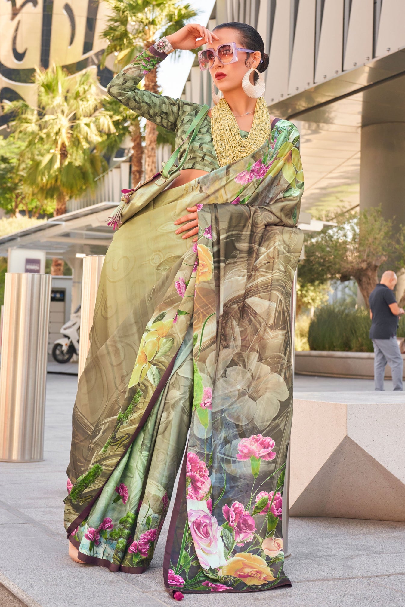 Green Printed Satin Saree main image 0