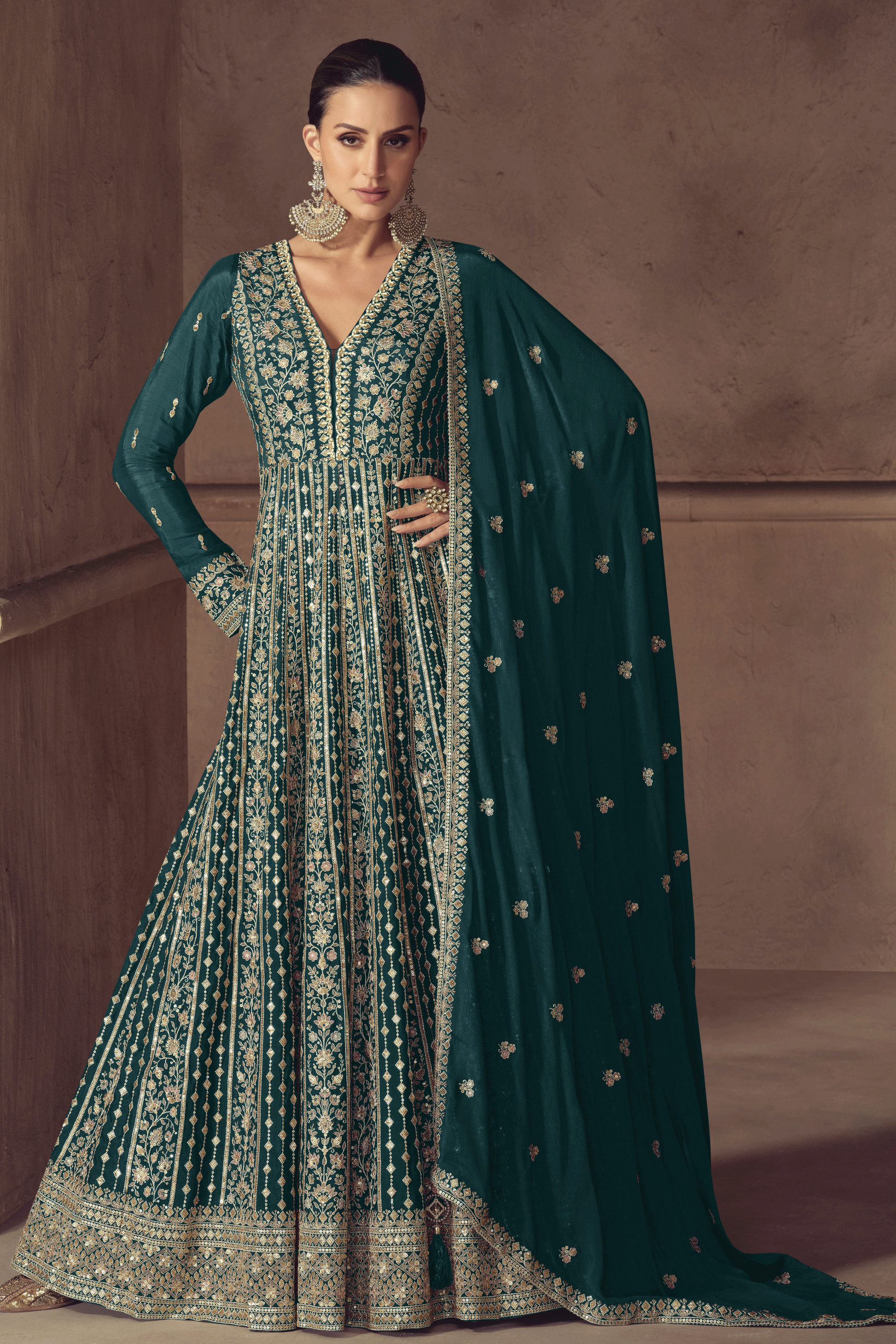 Green Readymade Chinon Gown with Dupatta-SS810_1_SareeButa.com
