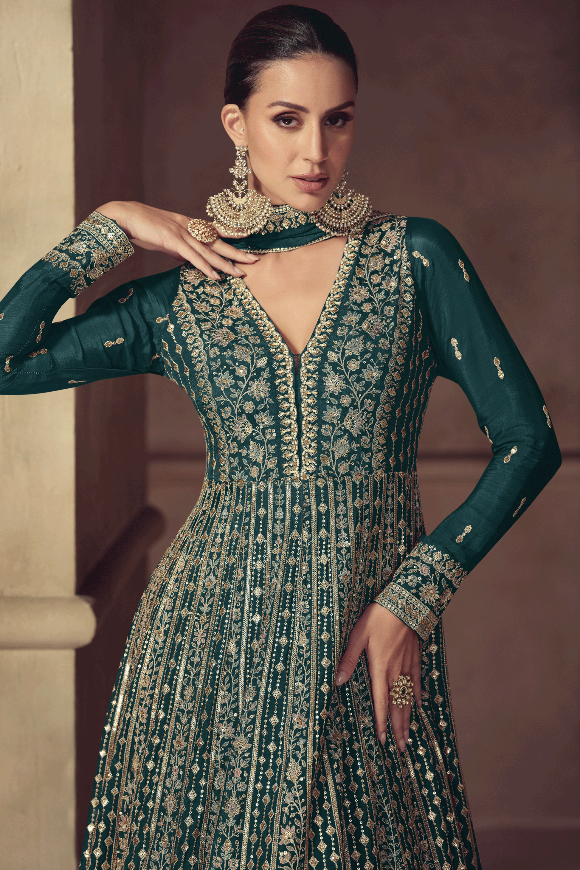 Green Readymade Chinon Gown with Dupatta-SS810_2_SareeButa.com
