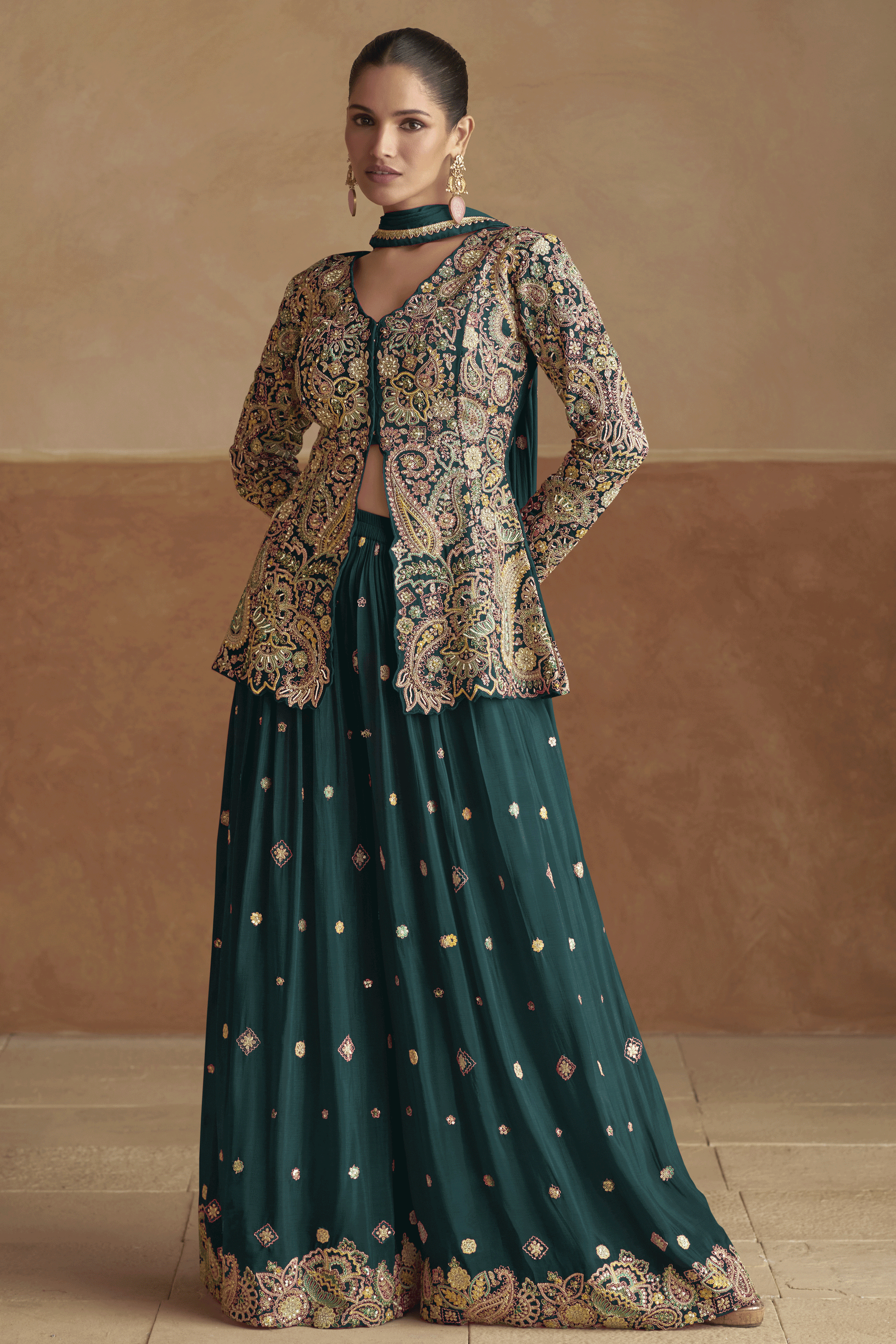 Green Readymade Chinon Palazzo Set with Dupatta-SS893_1_SareeButa.com