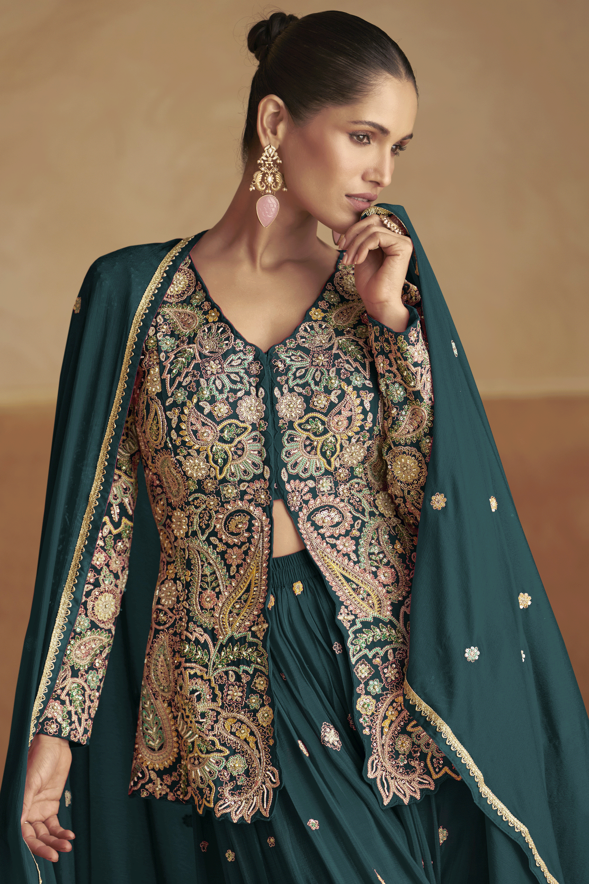 Green Readymade Chinon Palazzo Set with Dupatta-SS893_2_SareeButa.com