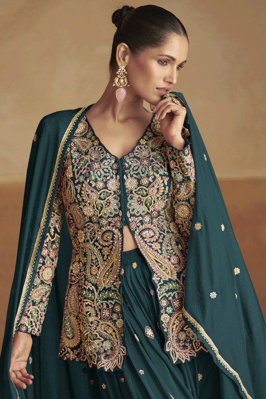 Green Readymade Chinon Palazzo Set with Dupatta-SS893_2_SareeButa.com