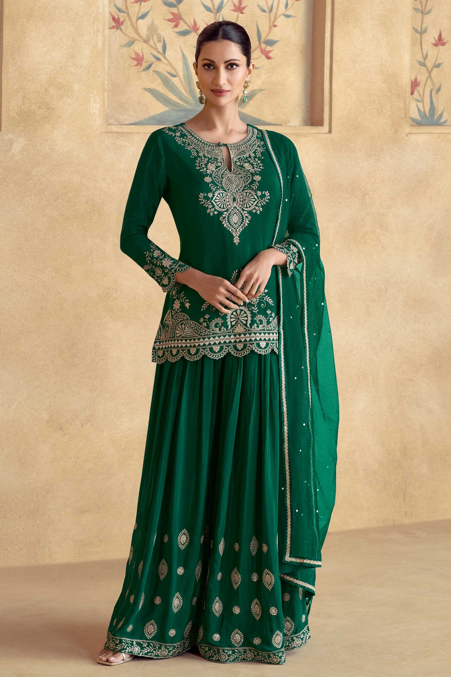 Green Readymade Chinon Silk Palazzo Suit-SS326_1_SareeButa.com
