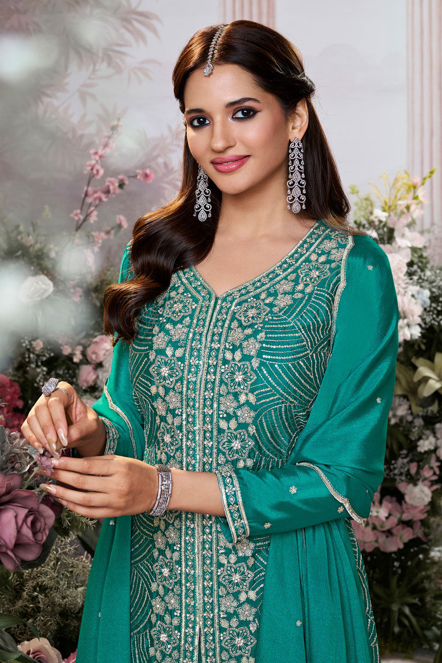 Green Readymade Chinon Sharara Suit-SS955_2_SareeButa.com