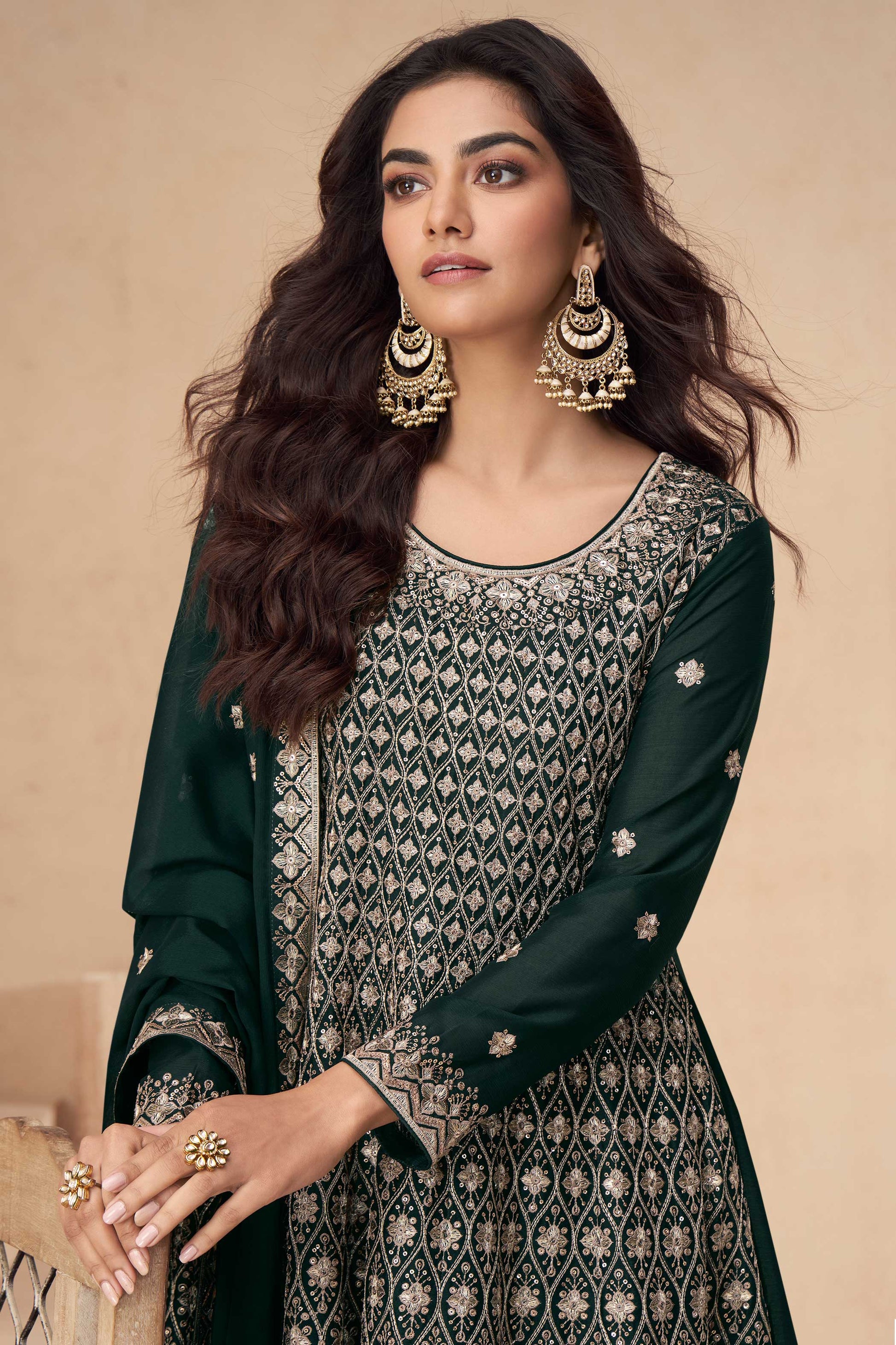 Green Readymade Chinon Silk A-Line Suit-SS329_2_SareeButa.com