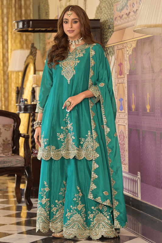 Green Readymade Embroidered Chinon A-Line Suit-SS825_1_SareeButa.com