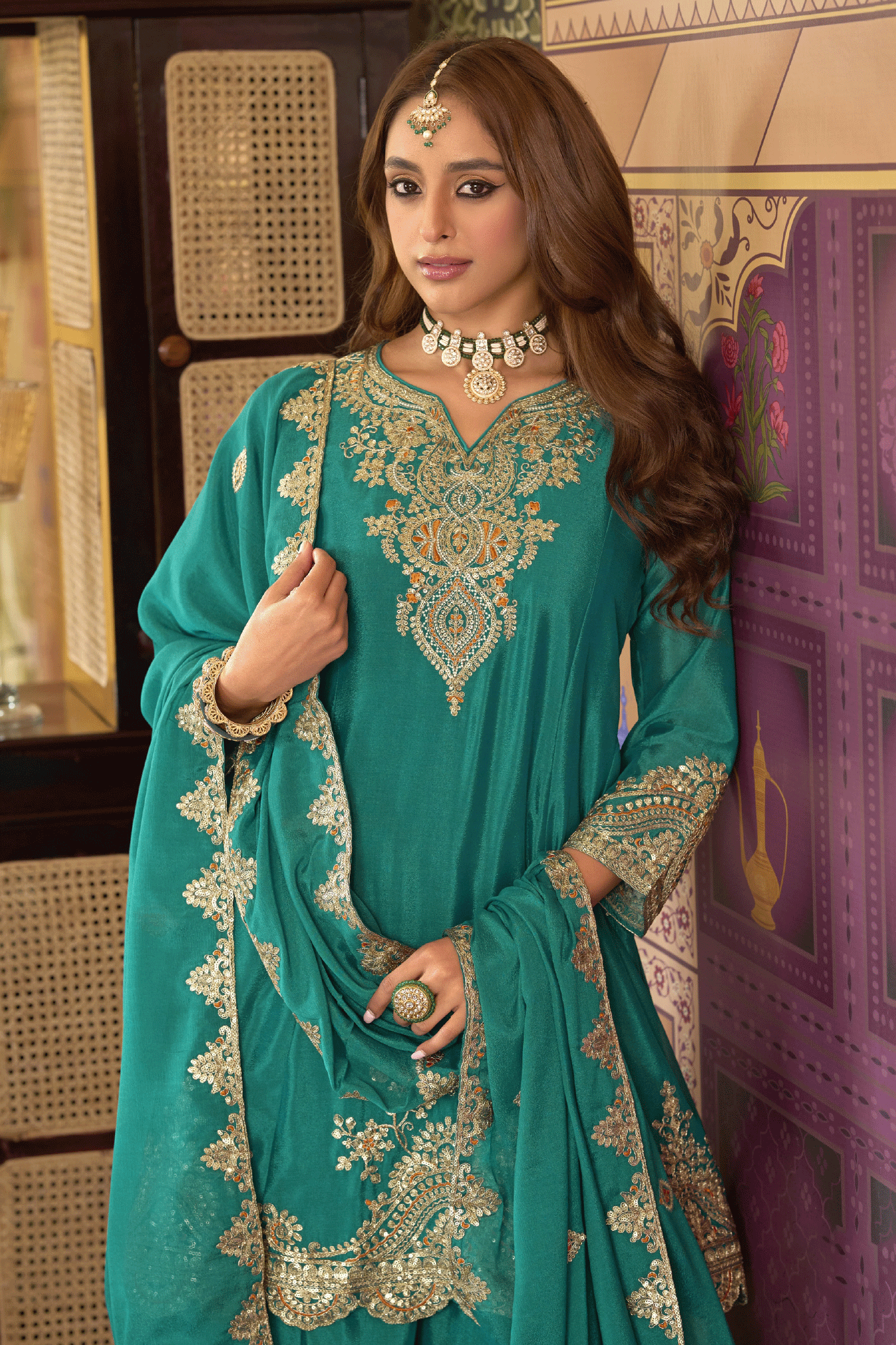 Green Readymade Embroidered Chinon A-Line Suit-SS825_2_SareeButa.com
