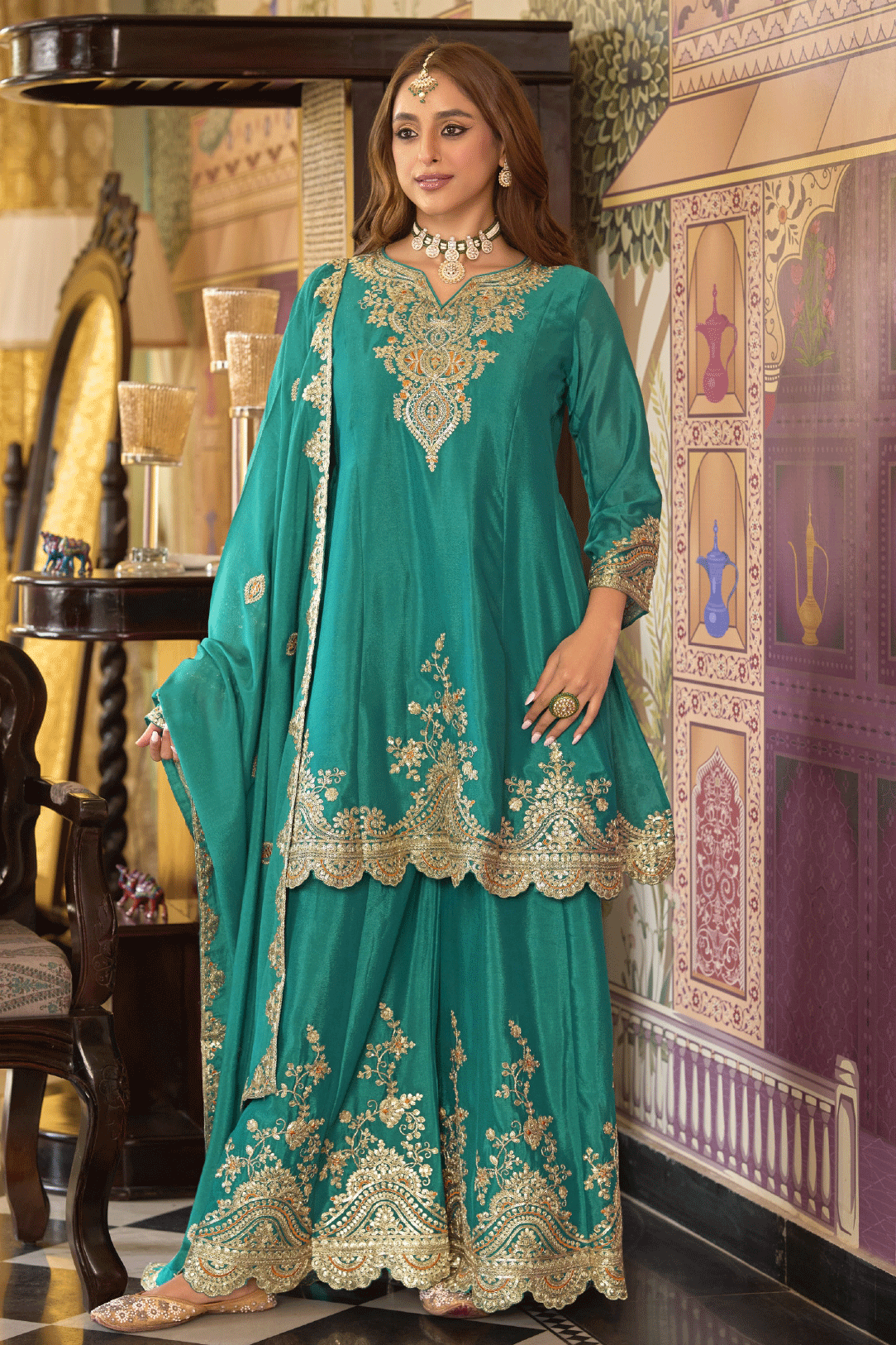 Green Readymade Embroidered Chinon A-Line Suit-SS825_4_SareeButa.com