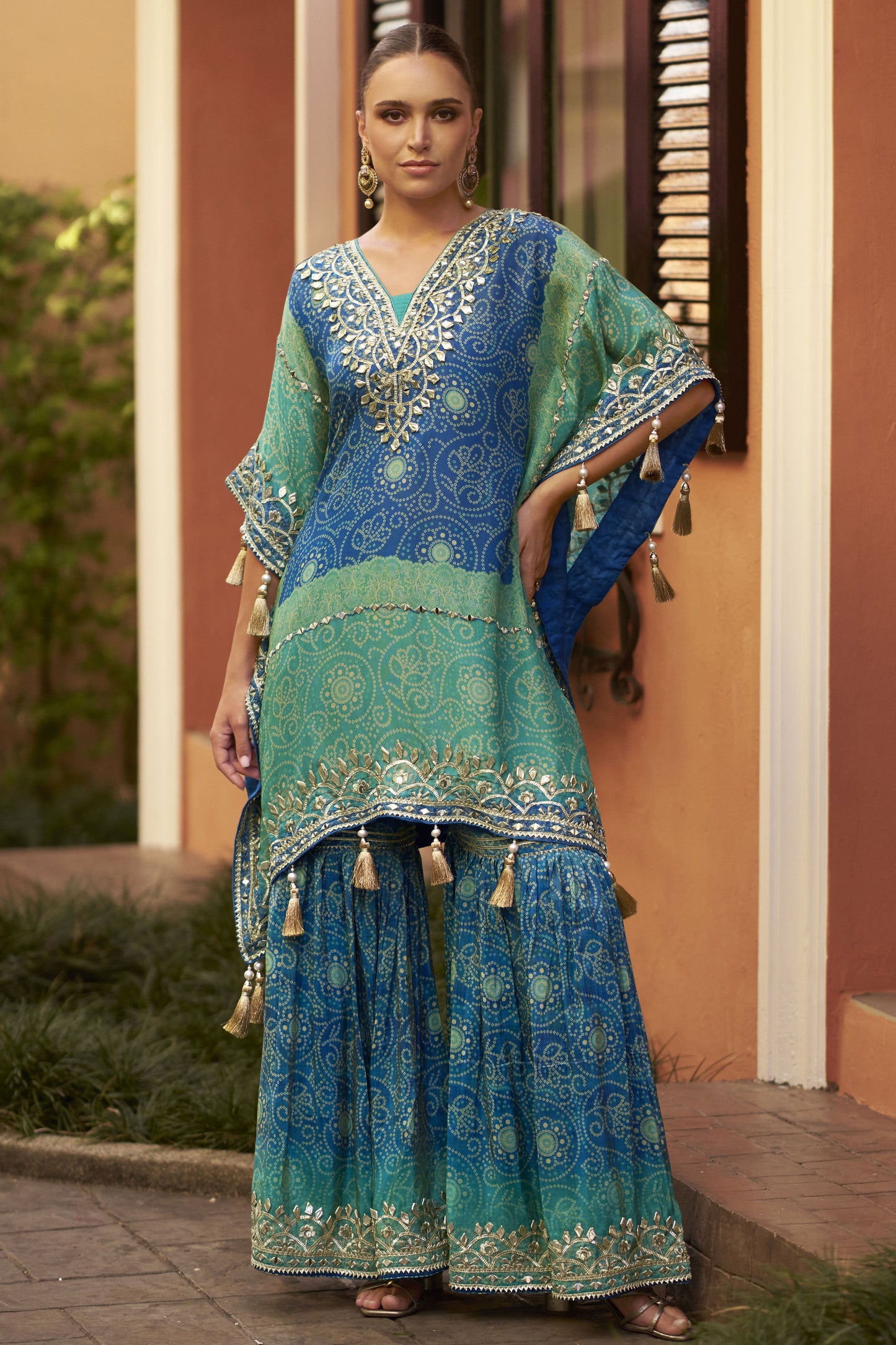 Green Readymade Embroidered Chinon Kaftan Set-SS910_1_SareeButa.com