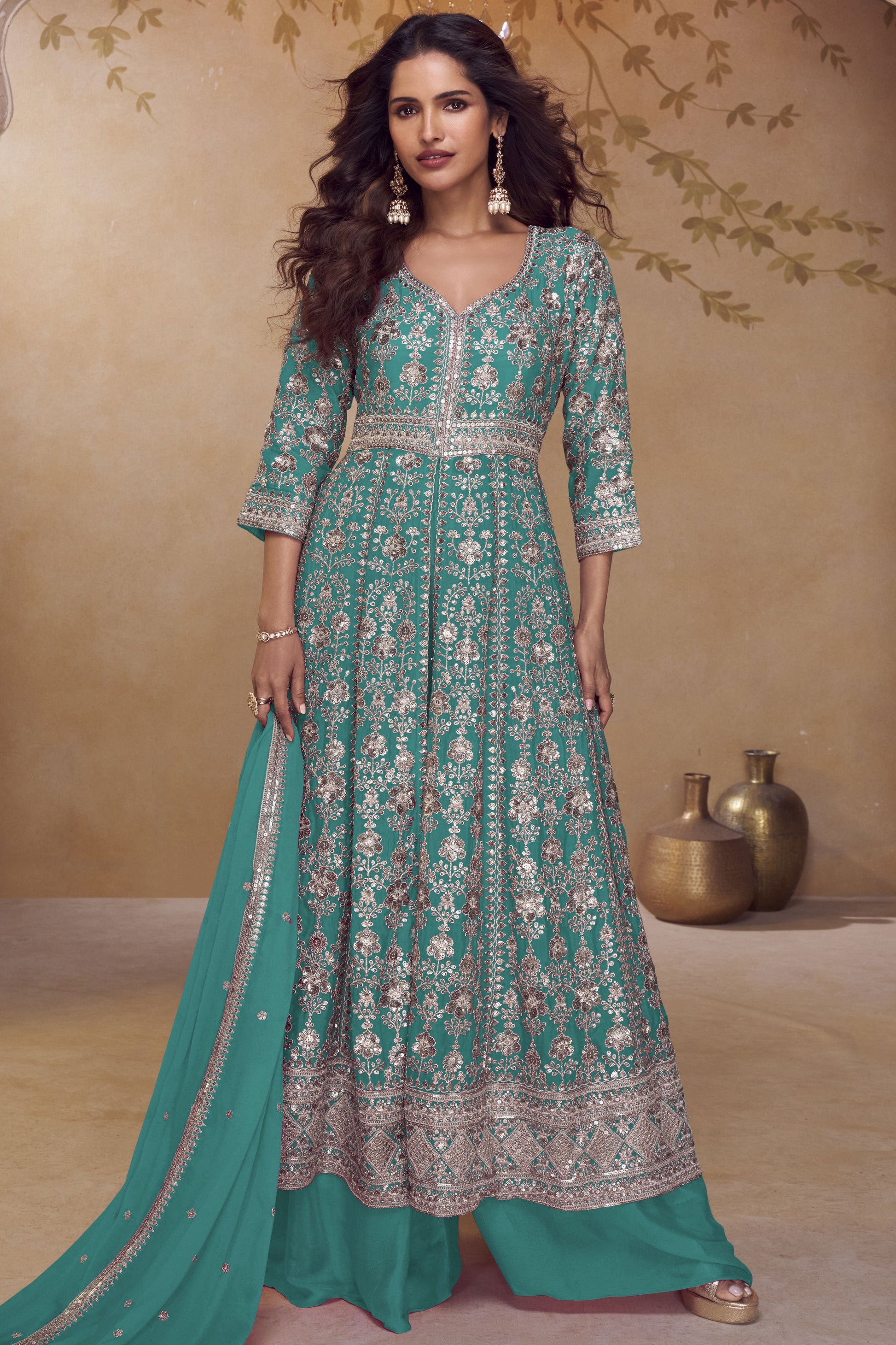 Green Readymade Embroidered Chinon Palazzo Suit-SS989_1_SareeButa.com