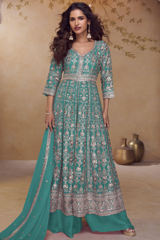 Green Readymade Embroidered Chinon Palazzo Suit-SS989_1_SareeButa.com