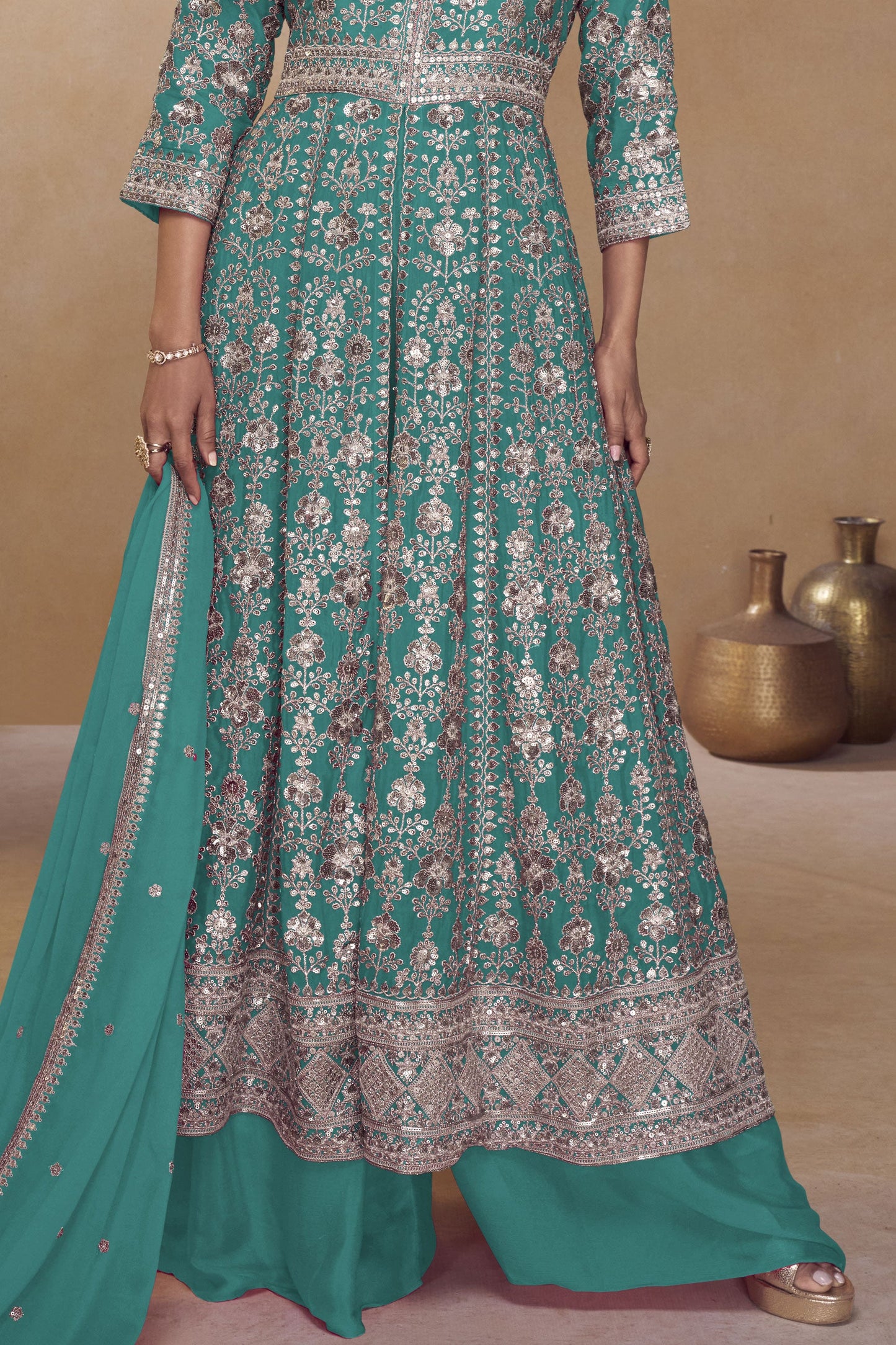 Green Readymade Embroidered Chinon Palazzo Suit-SS989_3_SareeButa.com