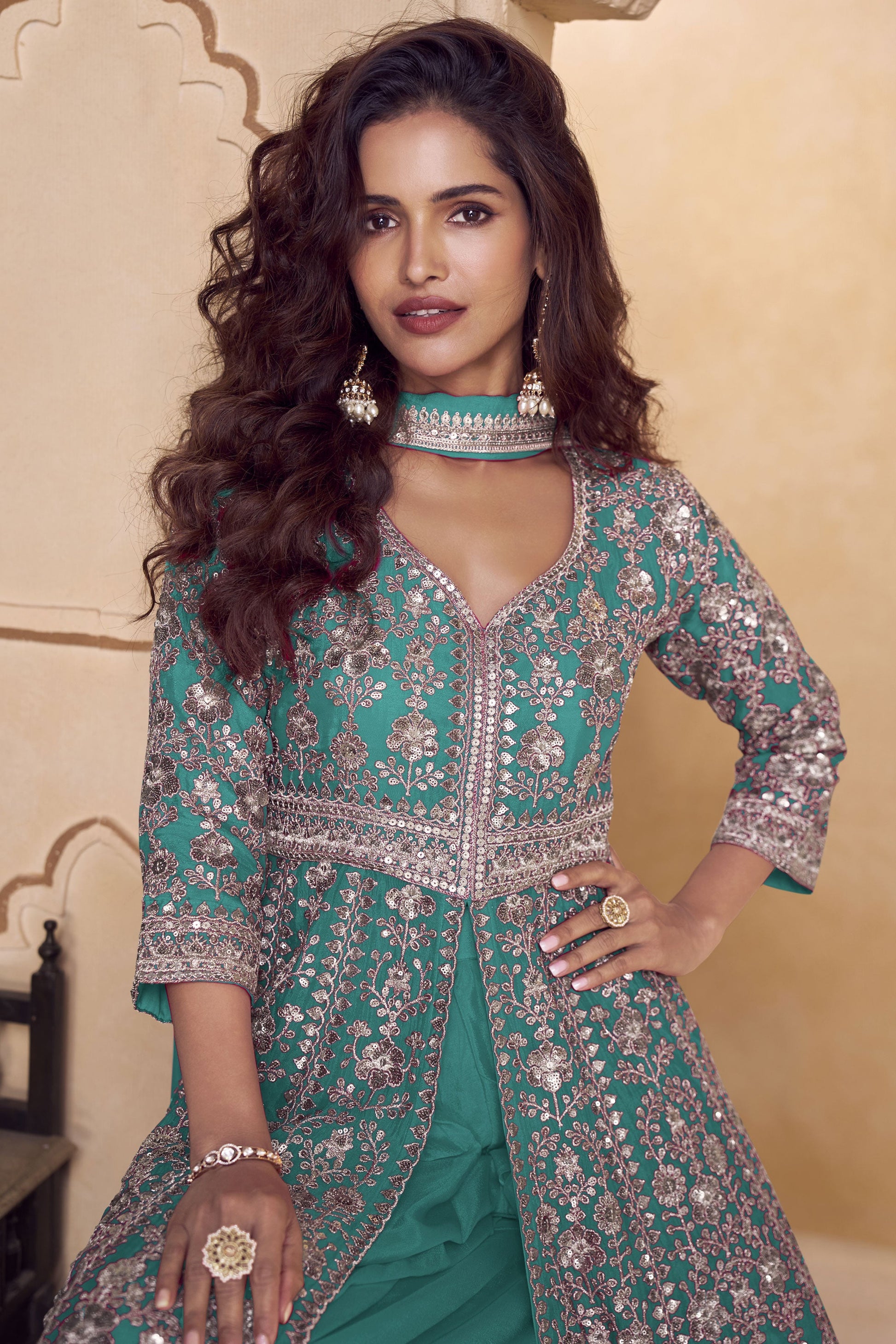 Green Readymade Embroidered Chinon Palazzo Suit-SS989_2_SareeButa.com