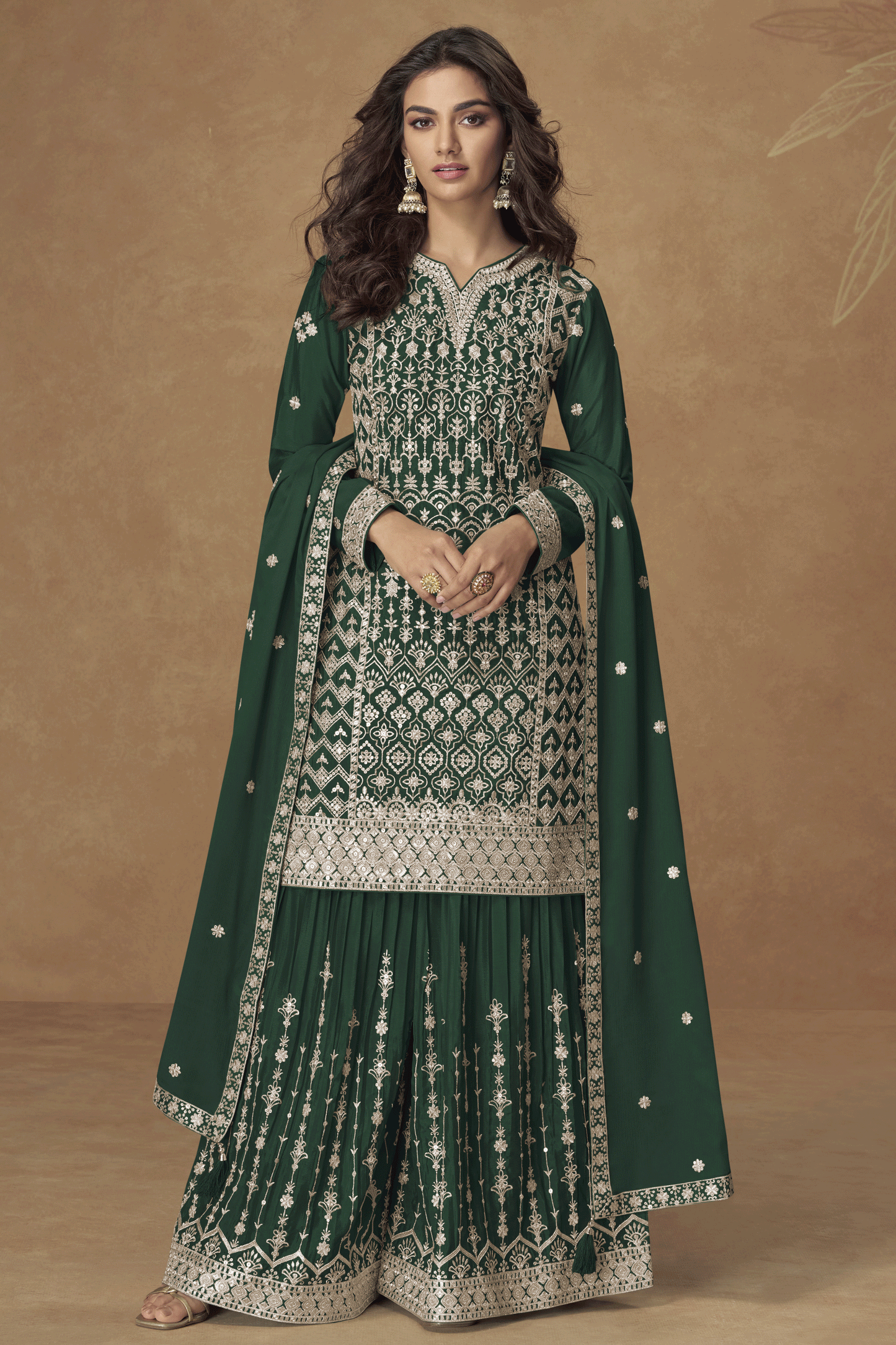 Green Readymade Embroidered Chinon Silk Palazzo Suit-SS849_1_SareeButa.com