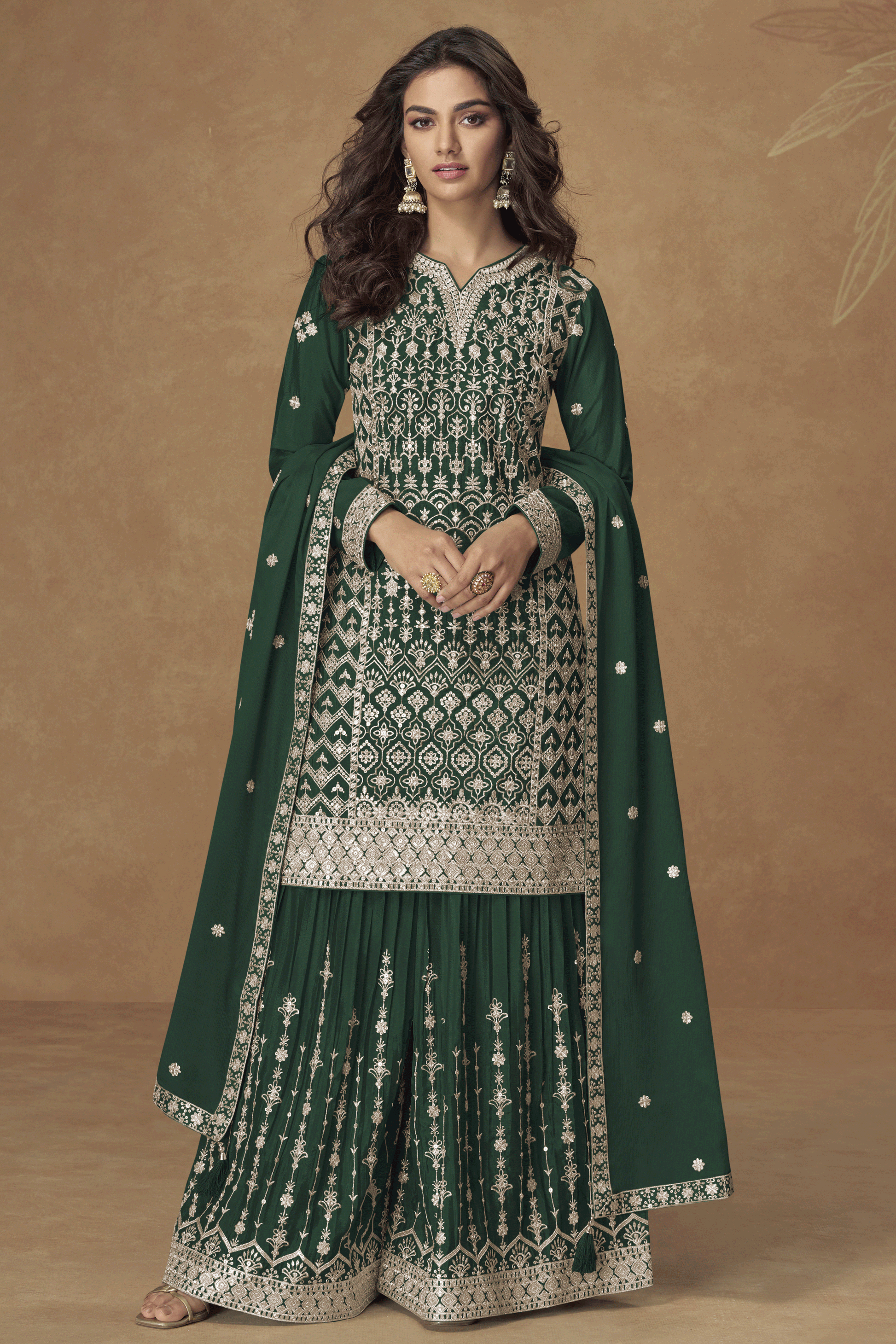 Green Readymade Embroidered Chinon Silk Palazzo Suit-SS849_1_SareeButa.com