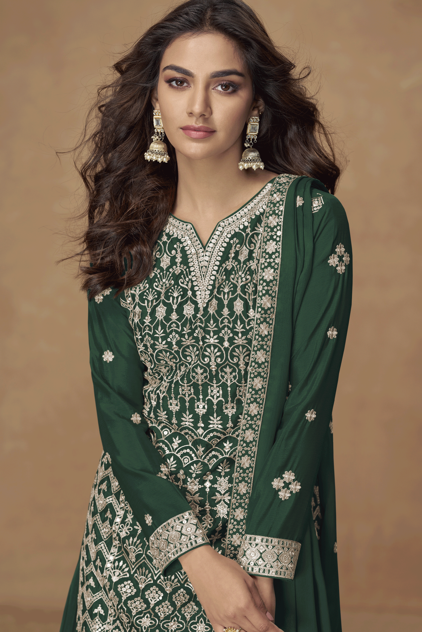 Green Readymade Embroidered Chinon Silk Palazzo Suit-SS849_2_SareeButa.com