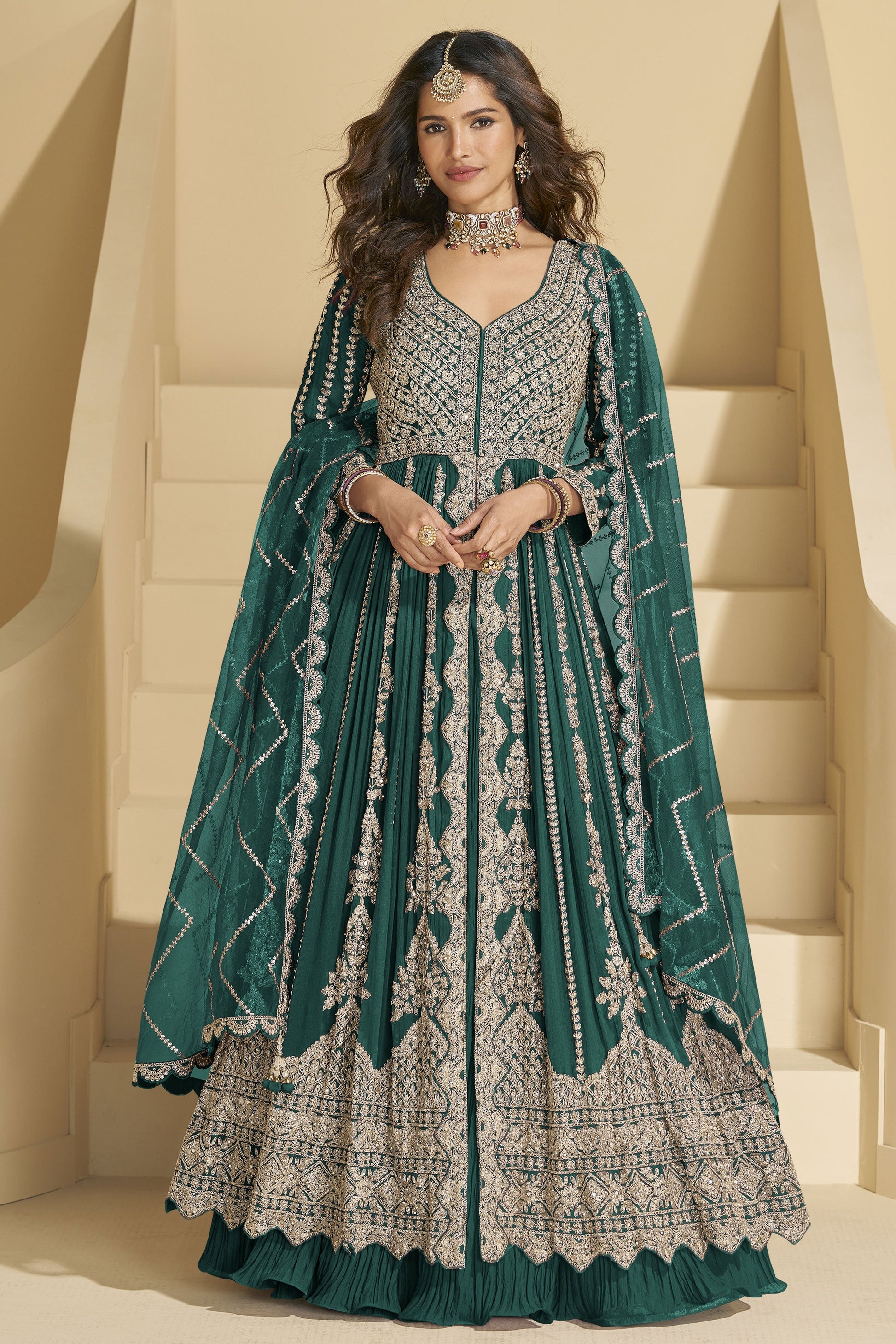 Green Readymade Embroidered Chinon Silk Skirt Suit-SS827_1_SareeButa.com