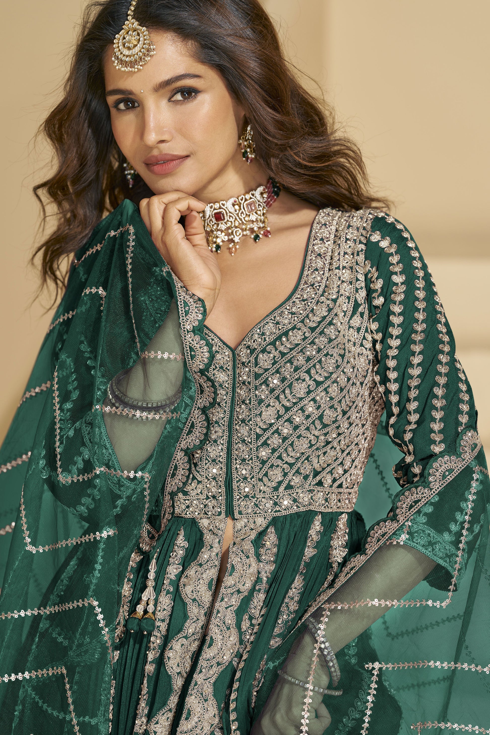 Green Readymade Embroidered Chinon Silk Skirt Suit-SS827_2_SareeButa.com