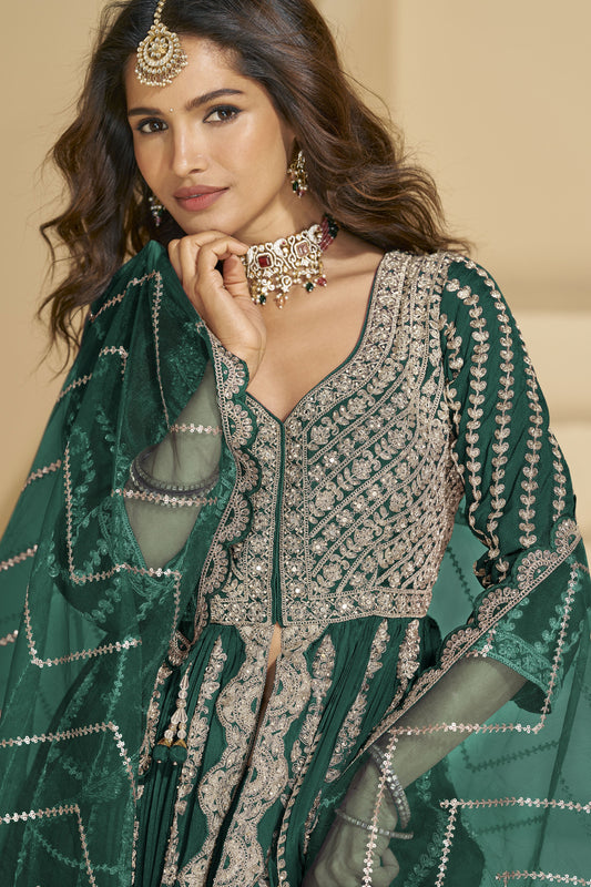 Green Readymade Embroidered Chinon Silk Skirt Suit-SS827_2_SareeButa.com