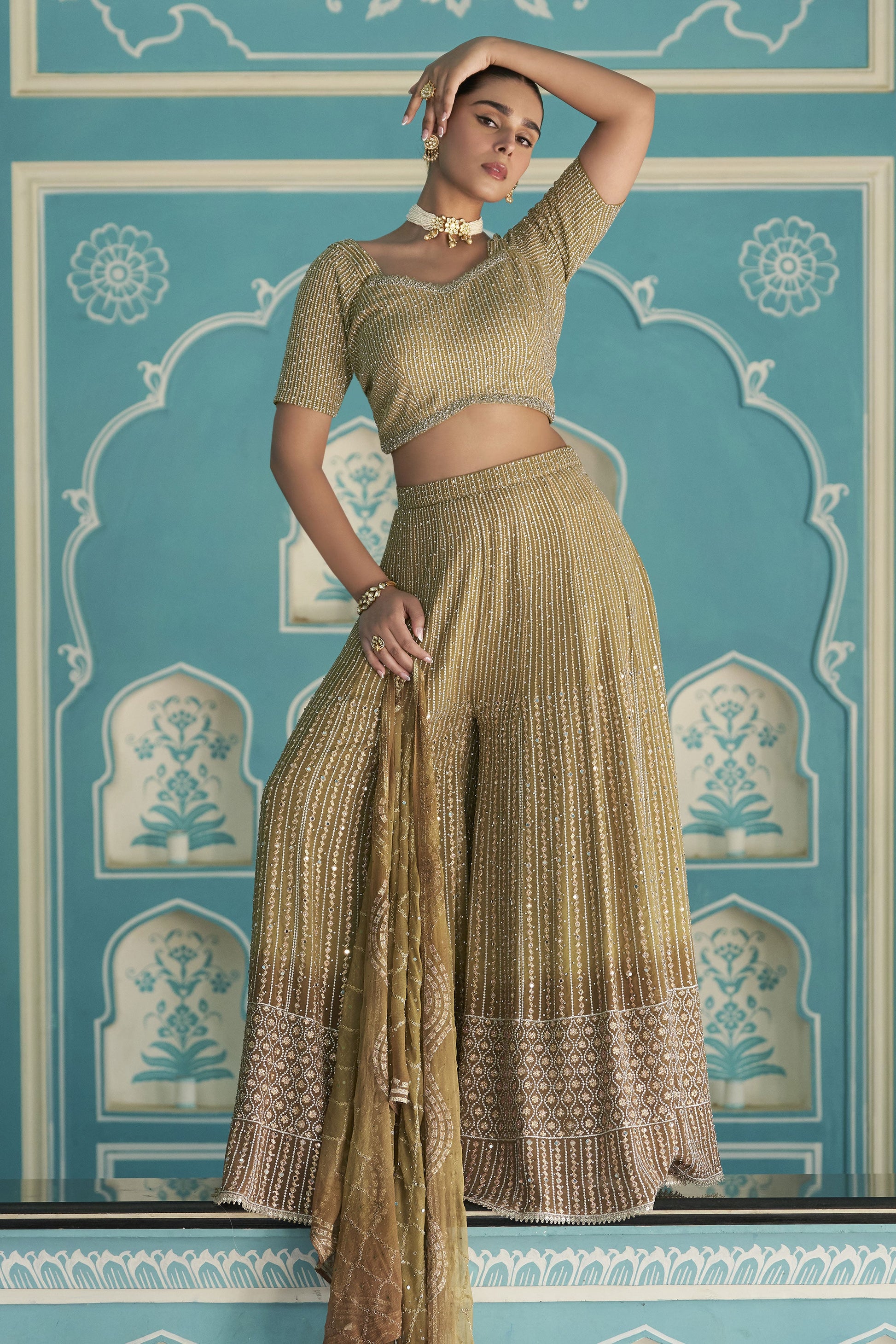 Green Readymade Georgette Palazzo Set with Dupatta-SS986_1_SareeButa.com