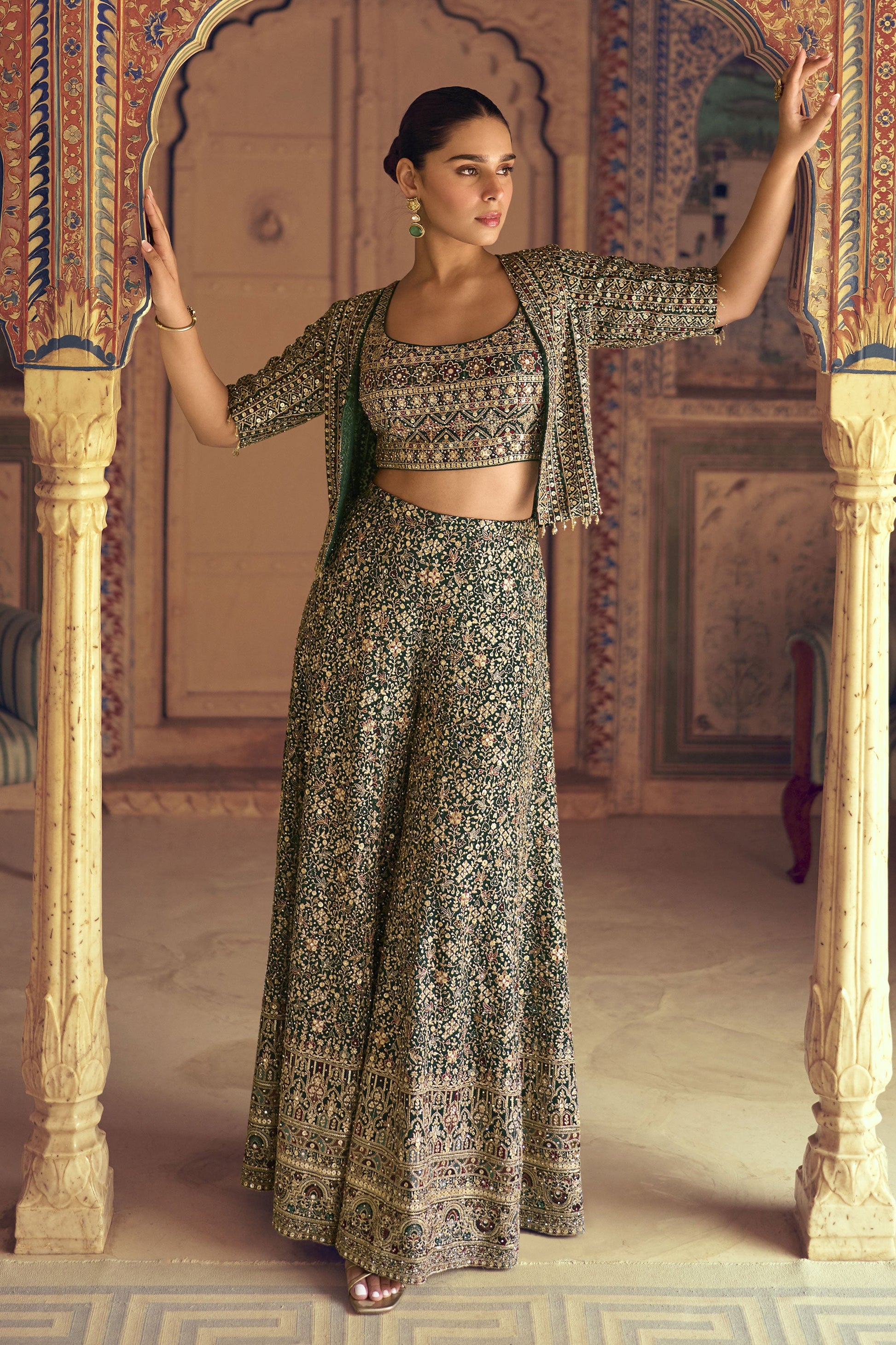 Green Readymade Georgette Palazzo Set with Jacket-SS927_1_SareeButa.com