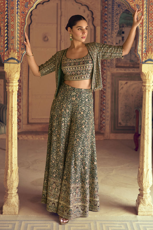 Green Readymade Georgette Palazzo Set with Jacket-SS927_1_SareeButa.com