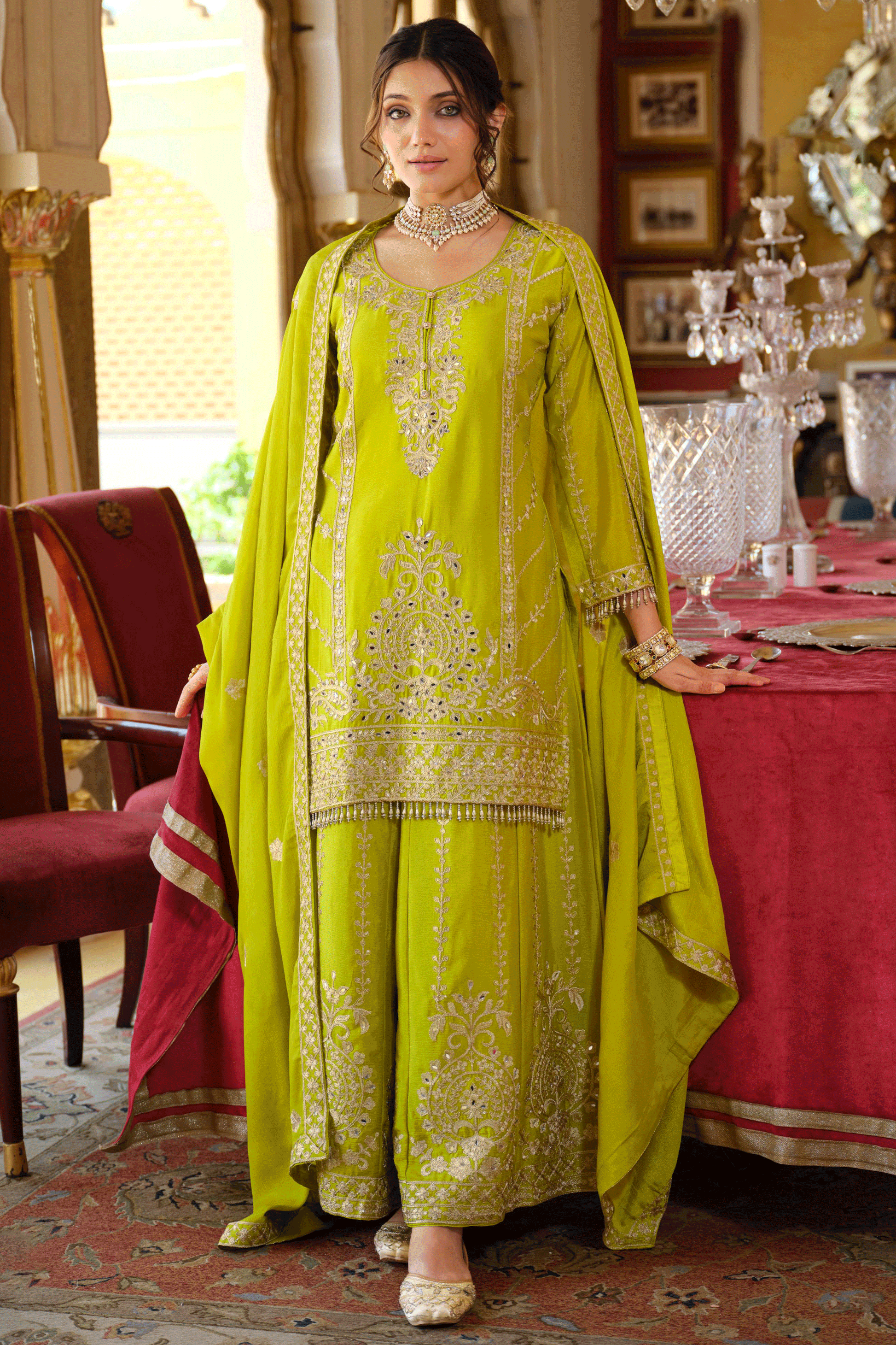 Green Readymade Heavy Work Chinon Palazzo Suit-SS653_1_SareeButa.com