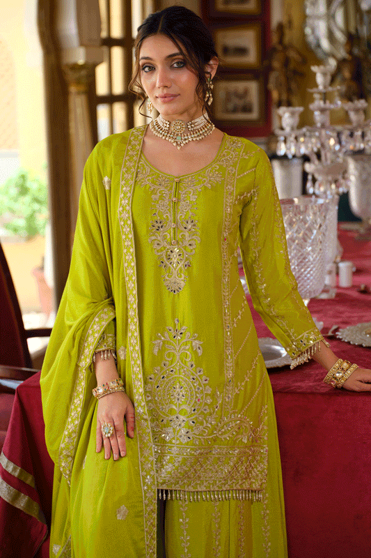 Green Readymade Heavy Work Chinon Palazzo Suit-SS653_2_SareeButa.com