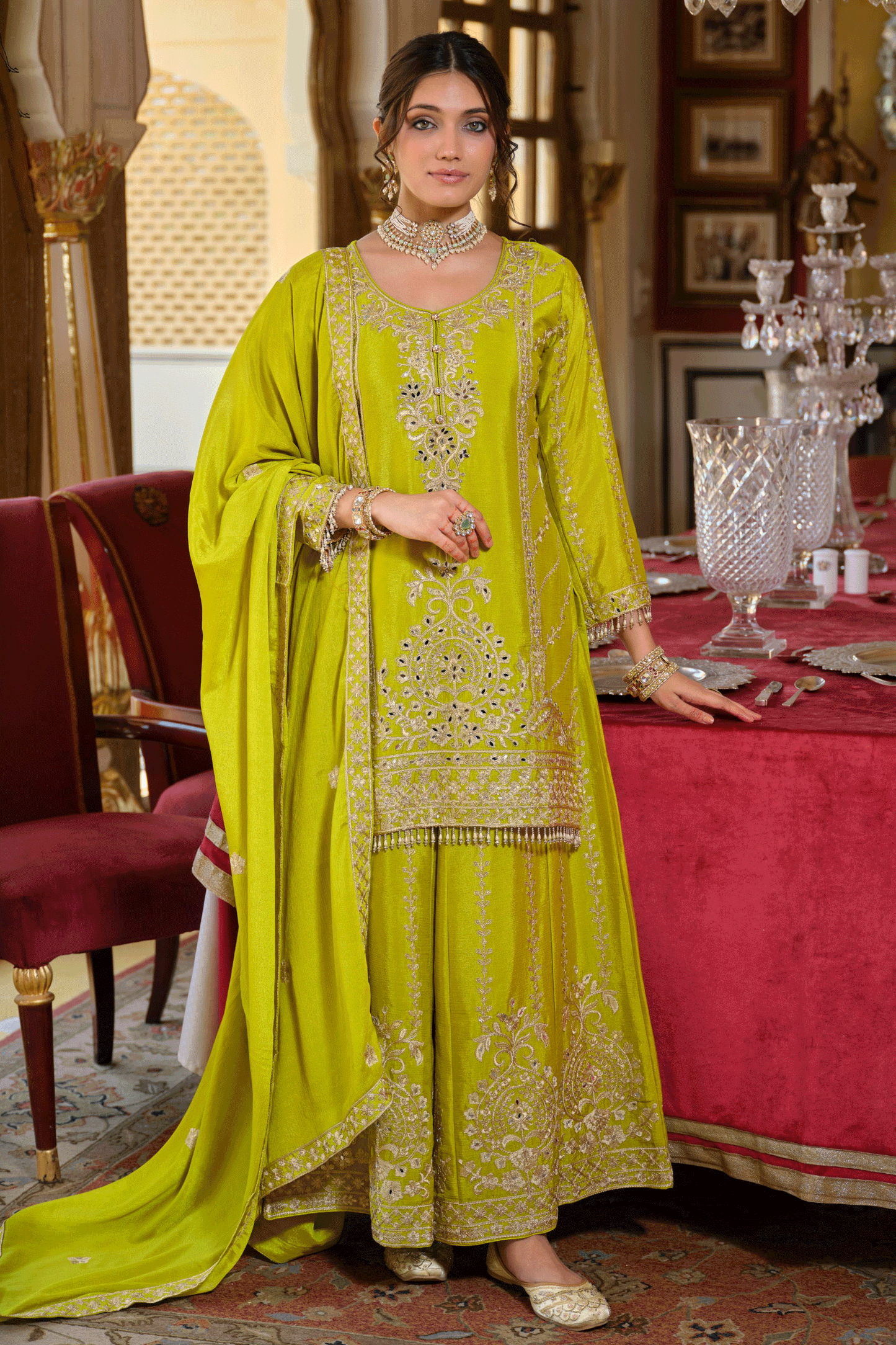 Green Readymade Heavy Work Chinon Palazzo Suit-SS653_3_SareeButa.com