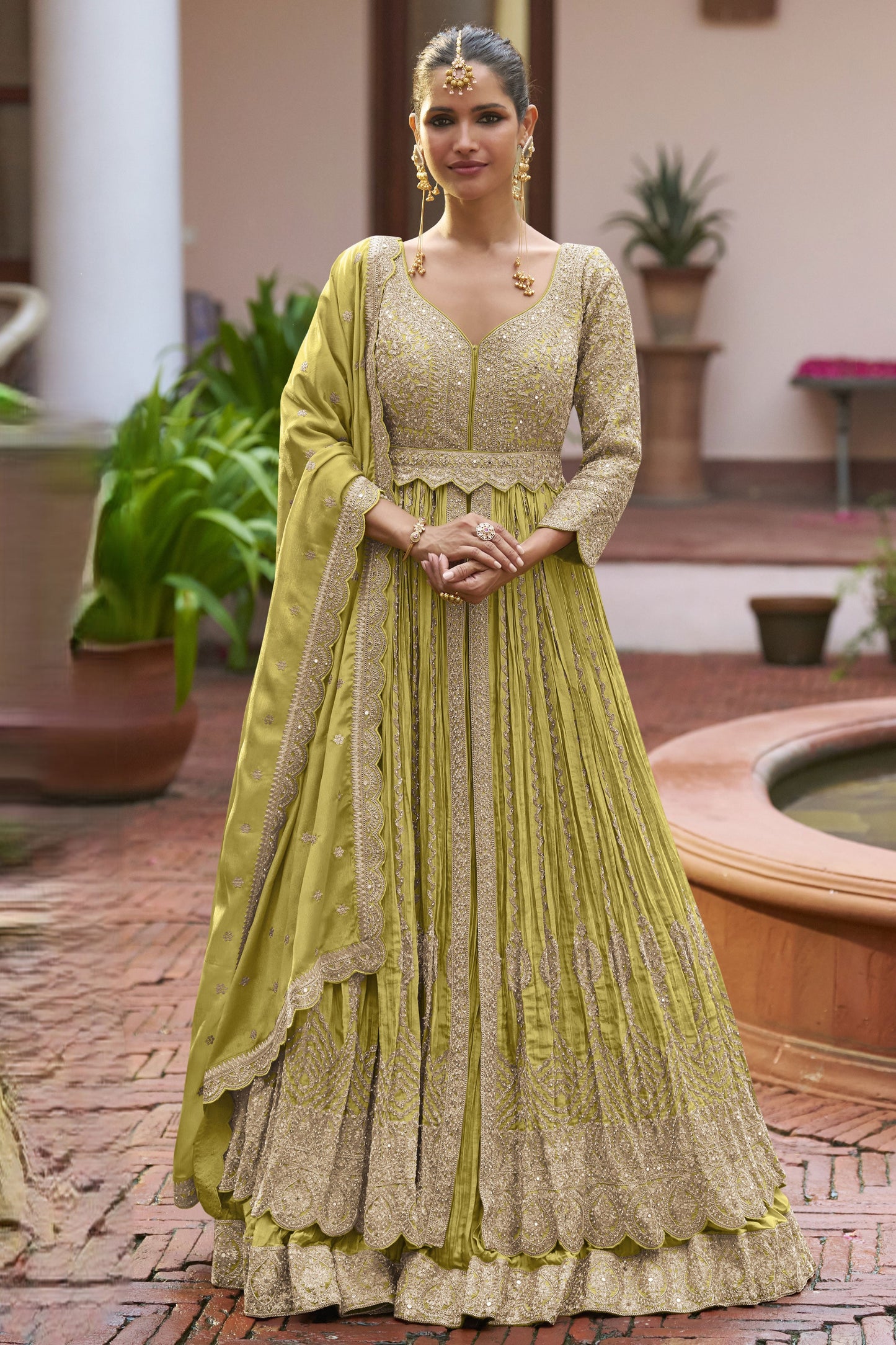 Green Readymade Heavy Work Chinon Skirt Suit-SS937_1_SareeButa.com