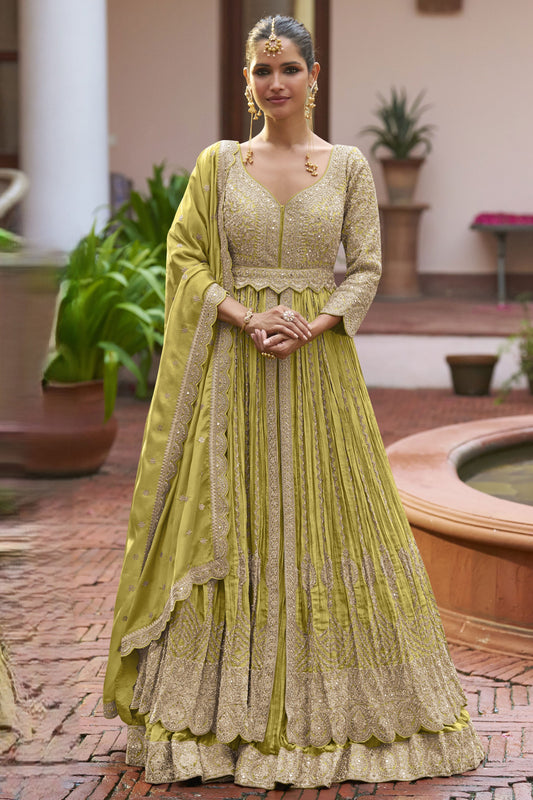 Green Readymade Heavy Work Chinon Skirt Suit-SS937_1_SareeButa.com