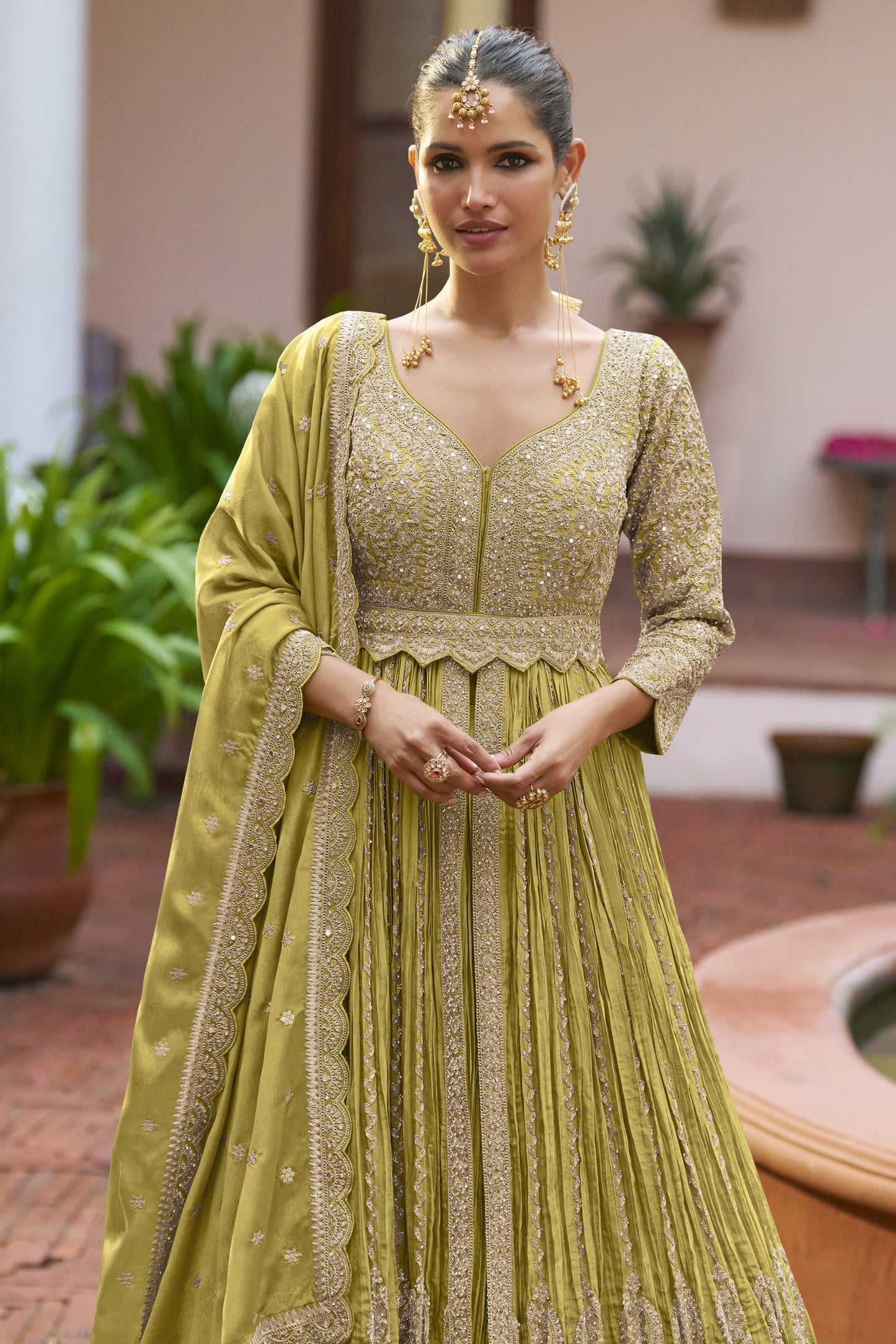 Green Readymade Heavy Work Chinon Skirt Suit-SS937_2_SareeButa.com