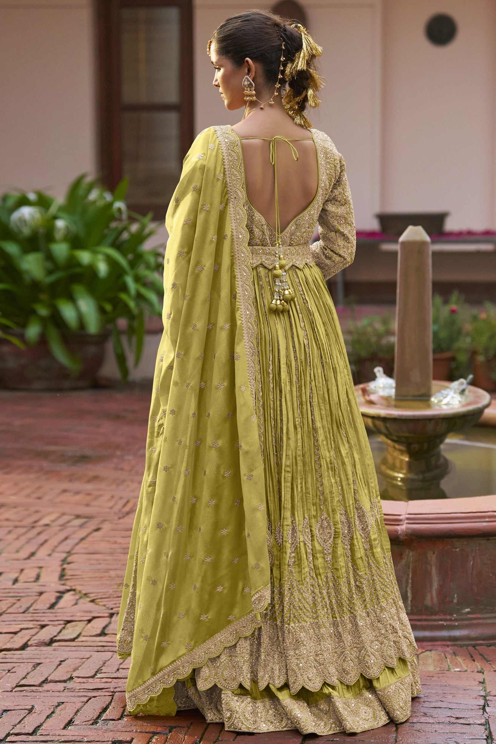 Green Readymade Heavy Work Chinon Skirt Suit-SS937_3_SareeButa.com