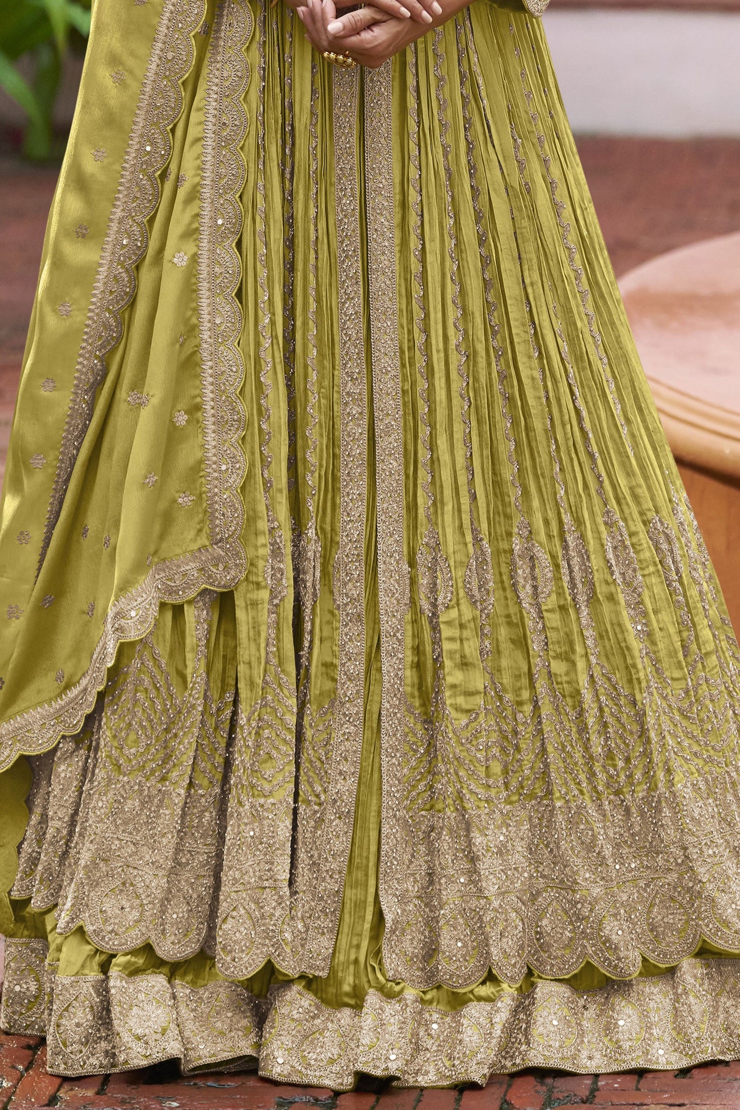 Green Readymade Heavy Work Chinon Skirt Suit-SS937_4_SareeButa.com