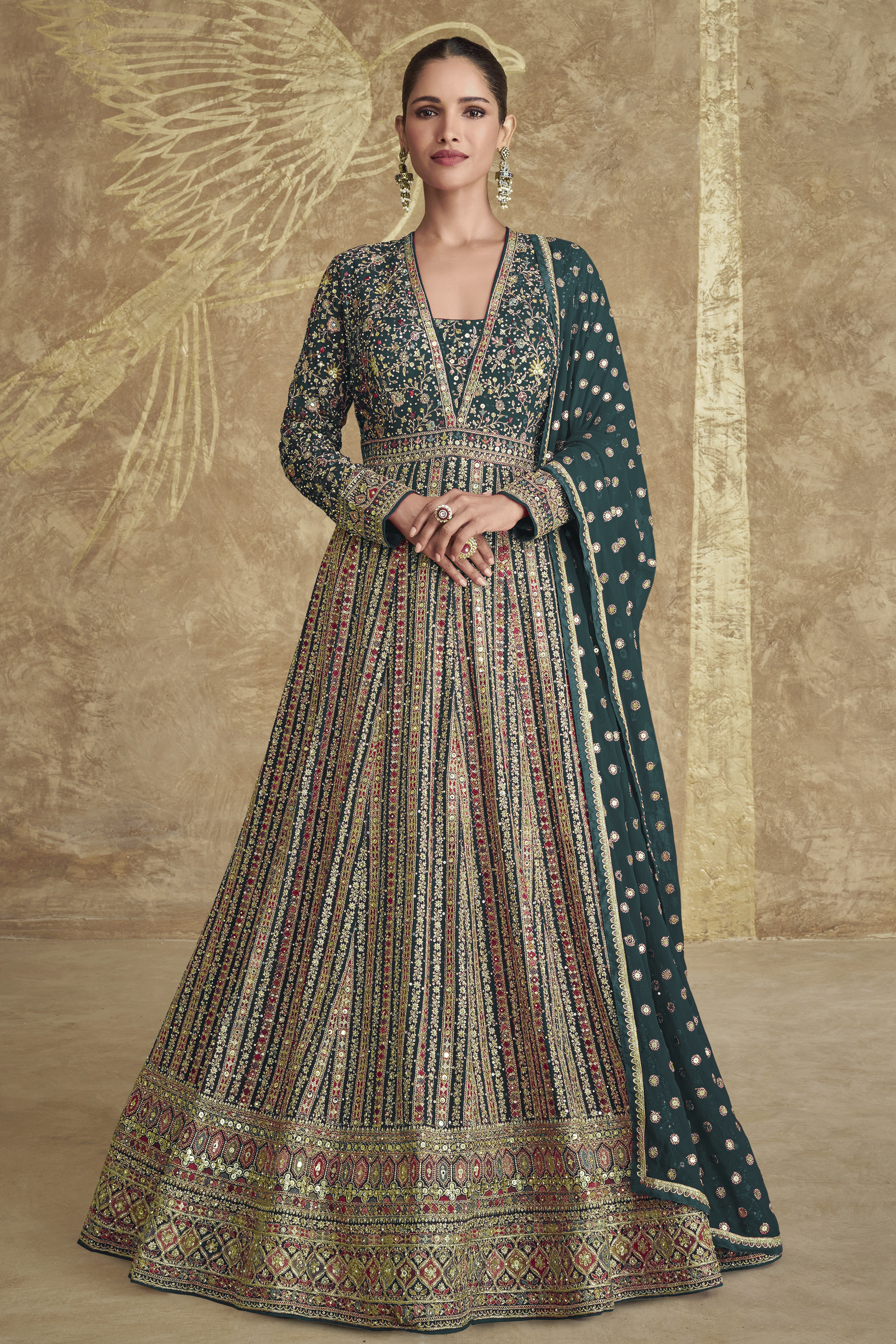 Green Readymade Heavy Work Georgette Gown with Dupatta-SS611_1_SareeButa.com