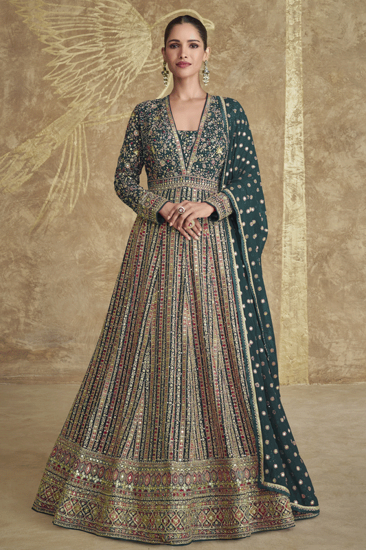 Green Readymade Heavy Work Georgette Gown with Dupatta-SS611_1_SareeButa.com