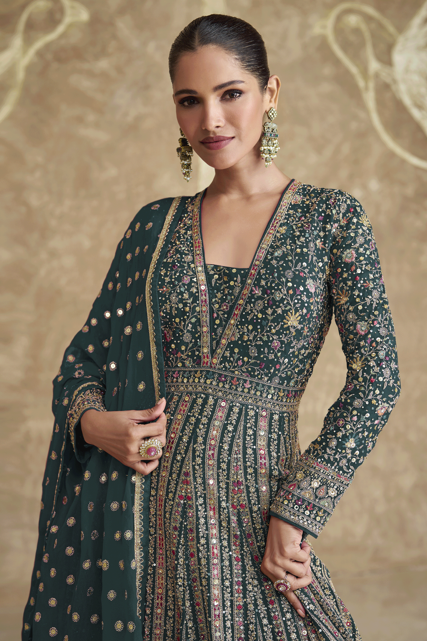 Green Readymade Heavy Work Georgette Gown with Dupatta-SS611_2_SareeButa.com