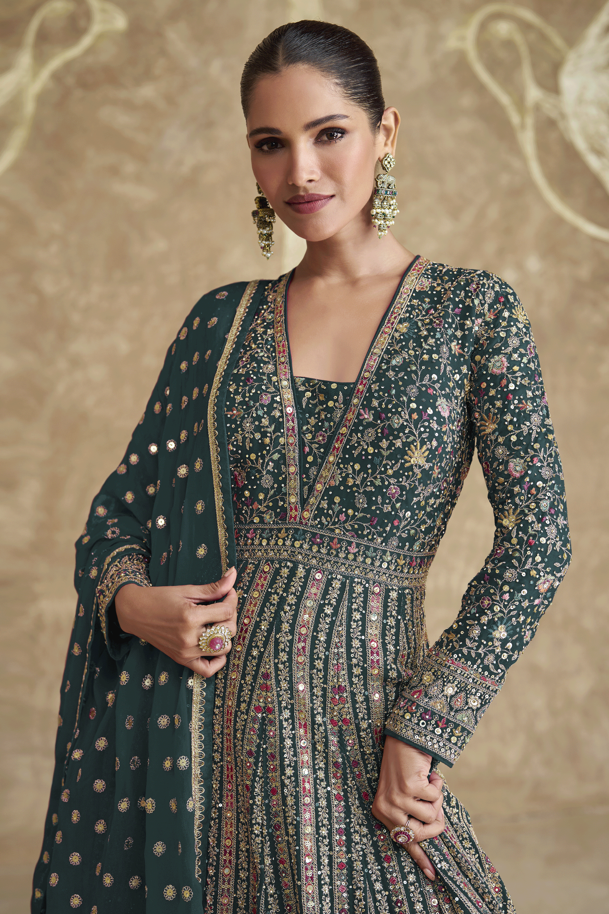 Green Readymade Heavy Work Georgette Gown with Dupatta-SS611_2_SareeButa.com