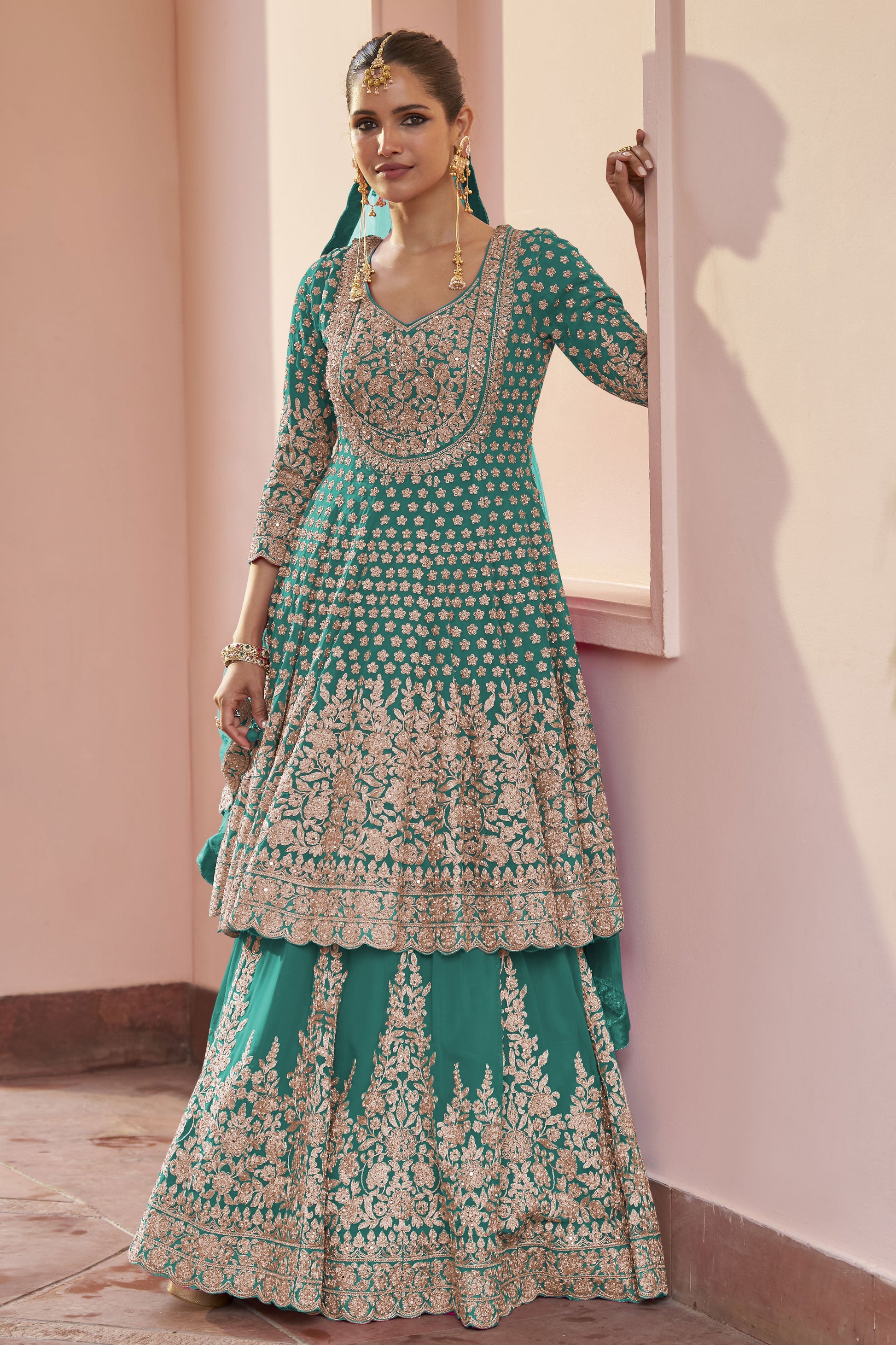 Green Readymade Heavy Work Georgette Skirt Suit-SS1014_1_SareeButa.com