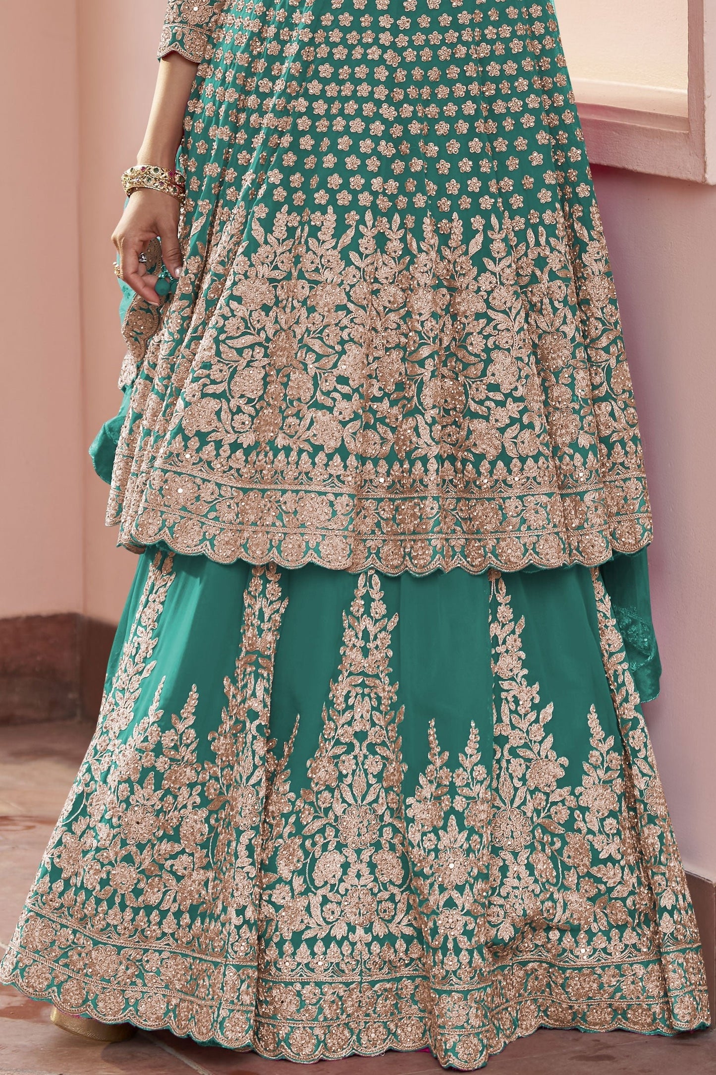 Green Readymade Heavy Work Georgette Skirt Suit-SS1014_3_SareeButa.com