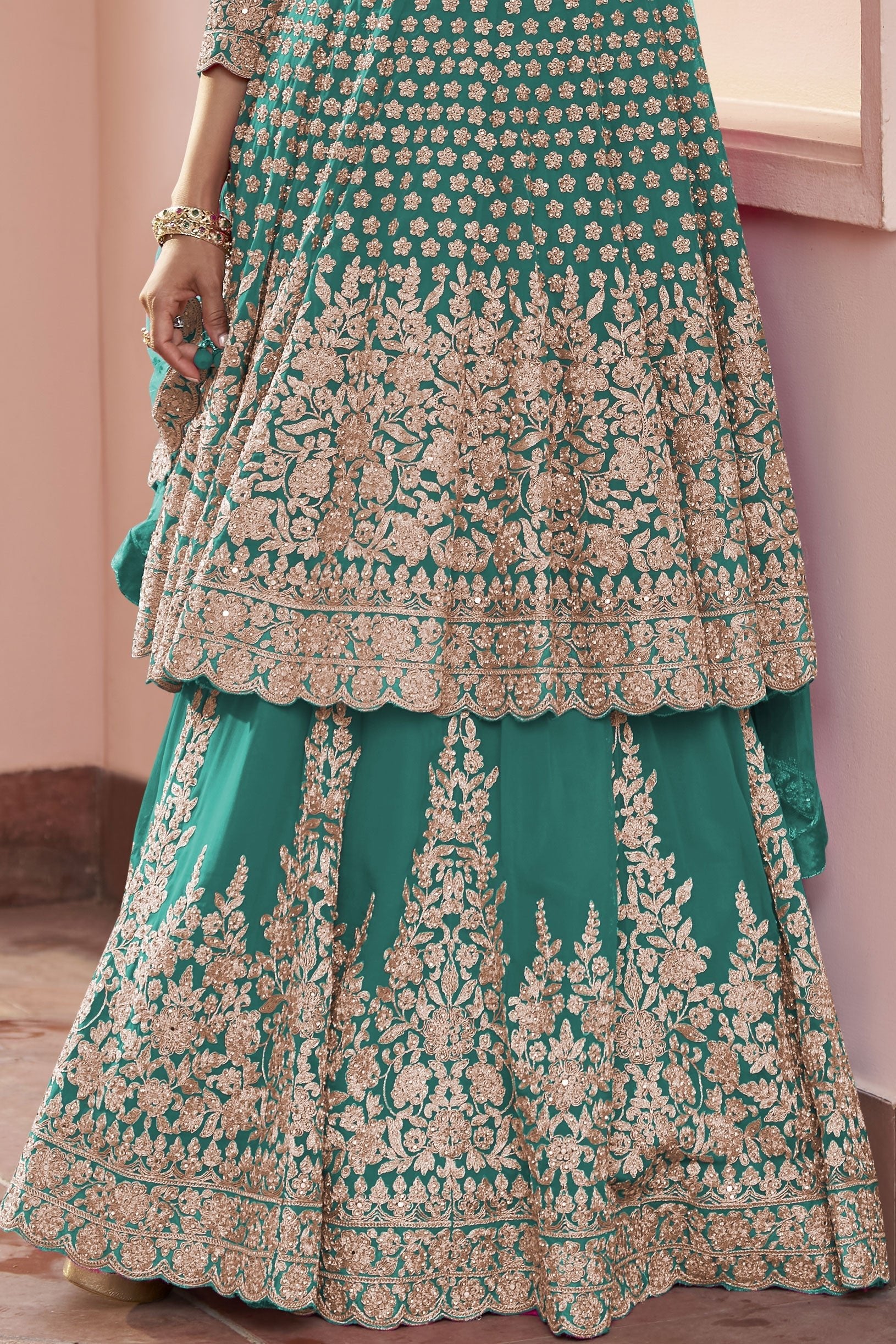 Green Readymade Heavy Work Georgette Skirt Suit-SS1014_3_SareeButa.com