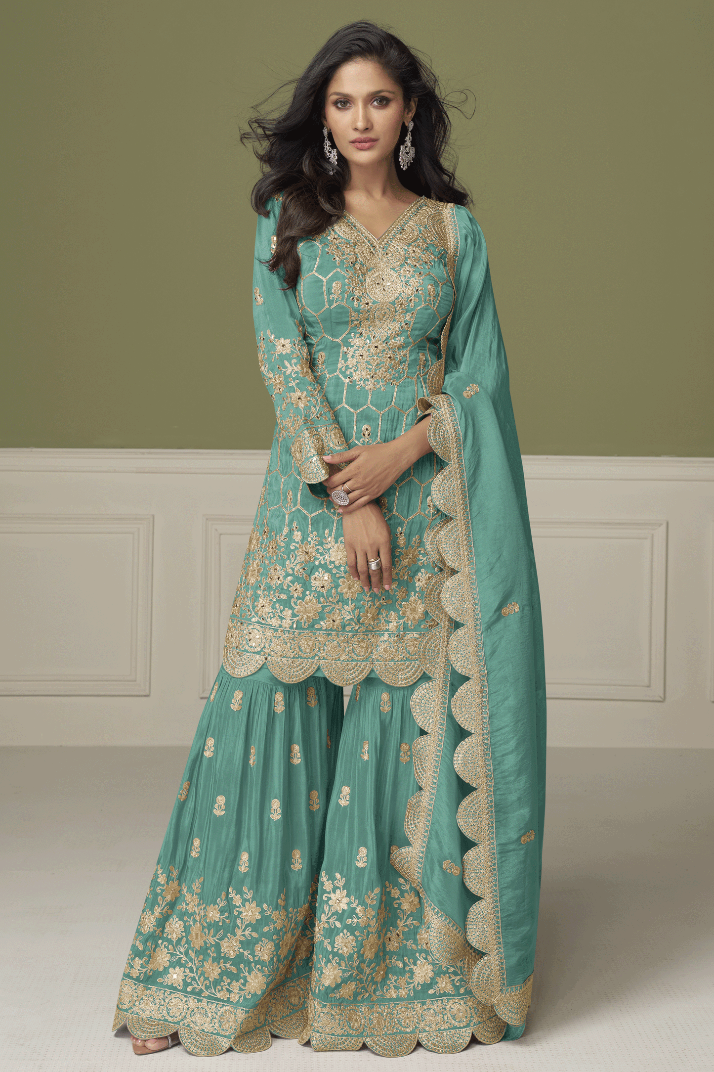 Green Readymade Heavy Work Simar Silk Sharara Suit-SS882_1_SareeButa.com