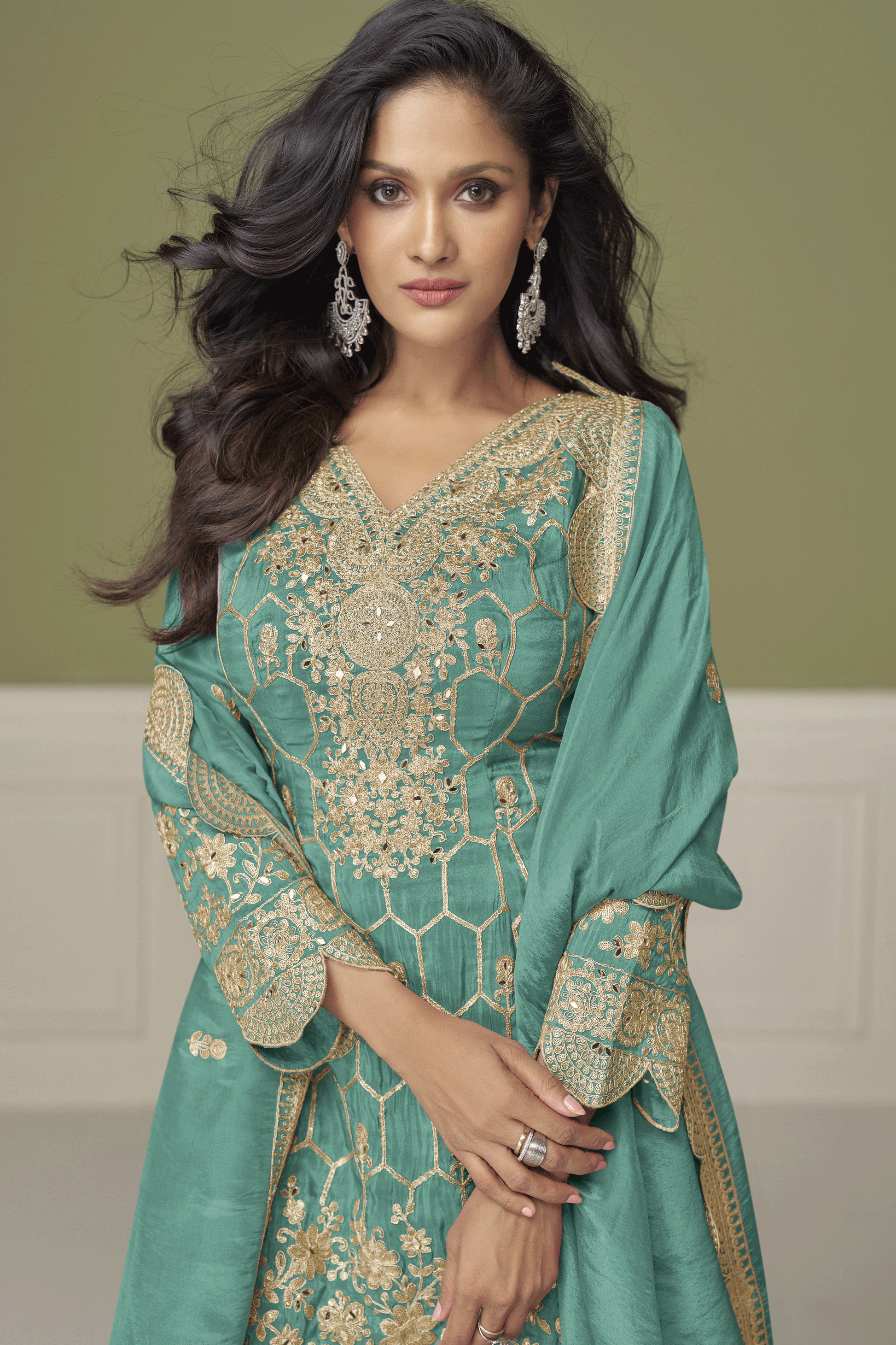 Green Readymade Heavy Work Simar Silk Sharara Suit-SS882_2_SareeButa.com