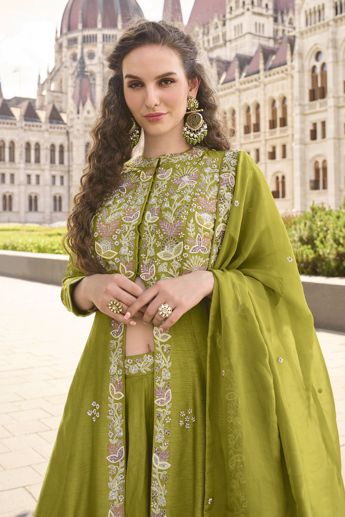 Green Readymade Organza Silk Front Slit Palazzo Suit-SS852_2_SareeButa.com