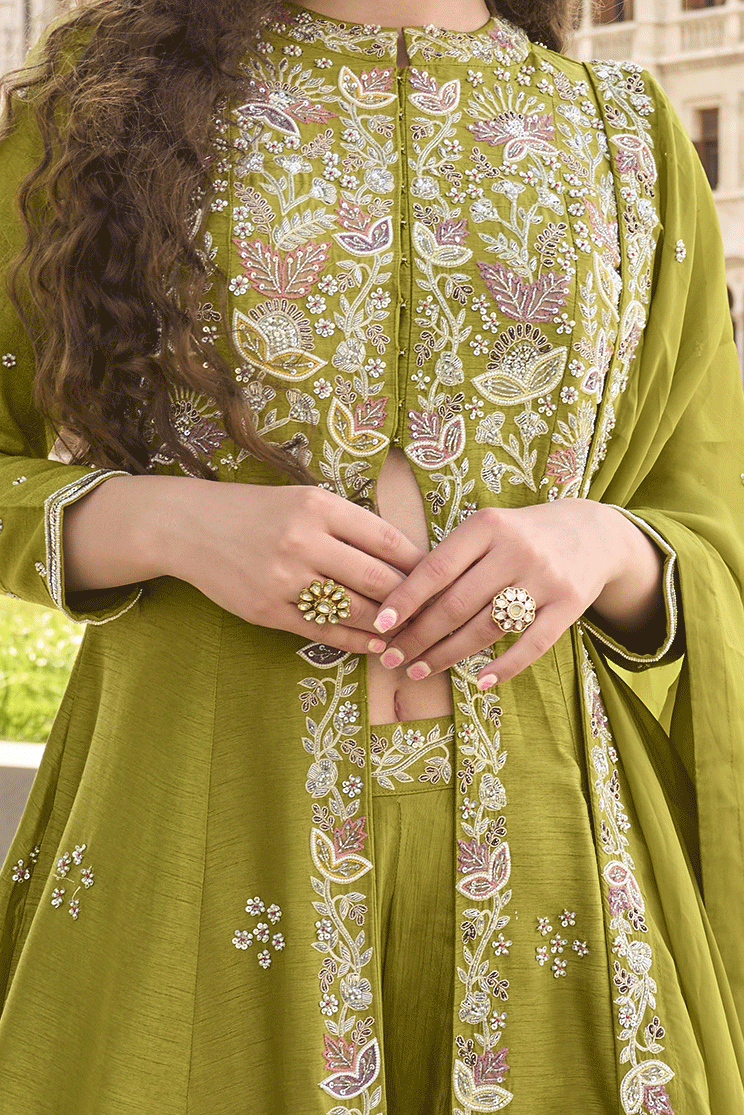 Green Readymade Organza Silk Front Slit Palazzo Suit-SS852_3_SareeButa.com