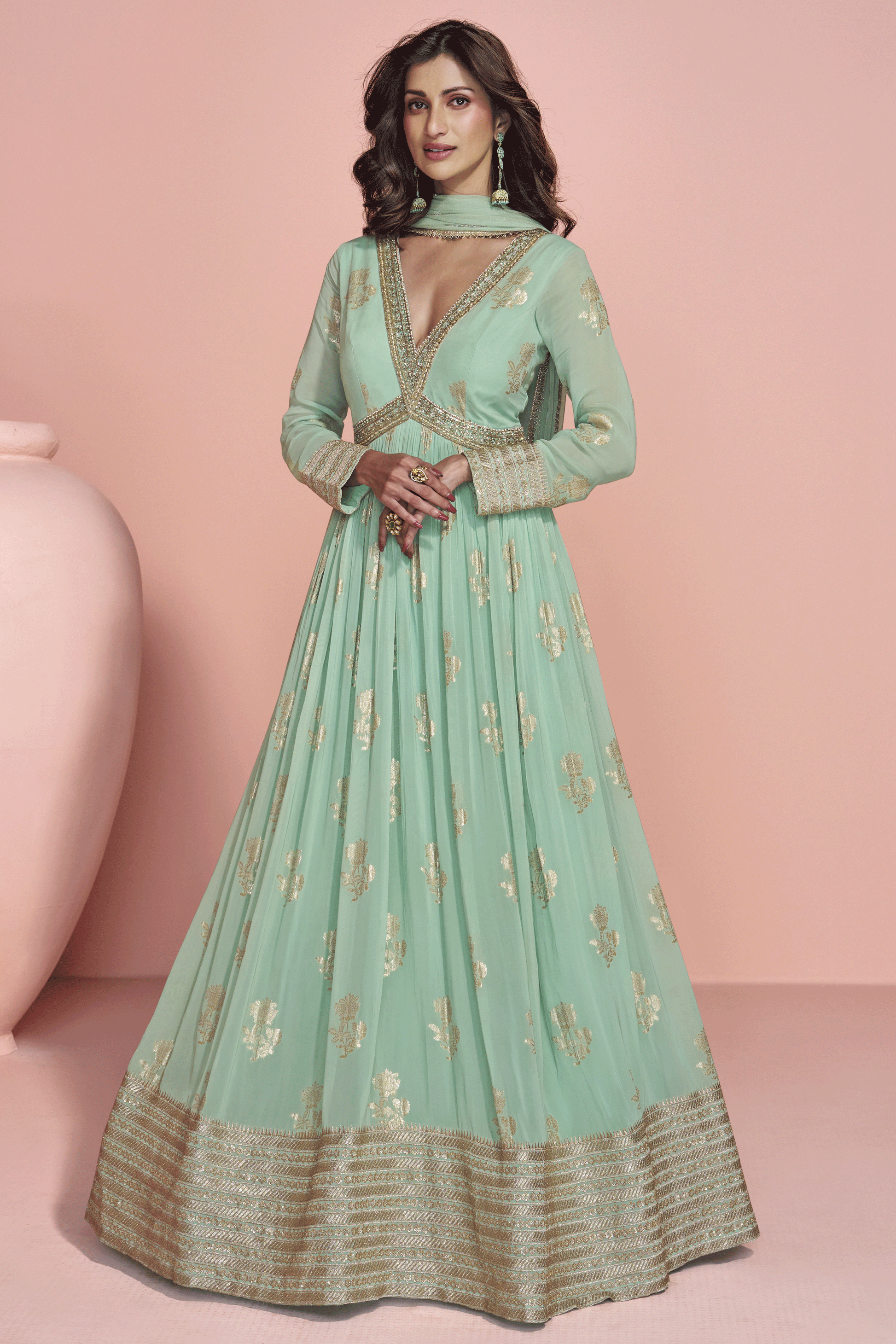 Green Readymade Viscose Silk Gown with Dupatta-SS808_1_SareeButa.com