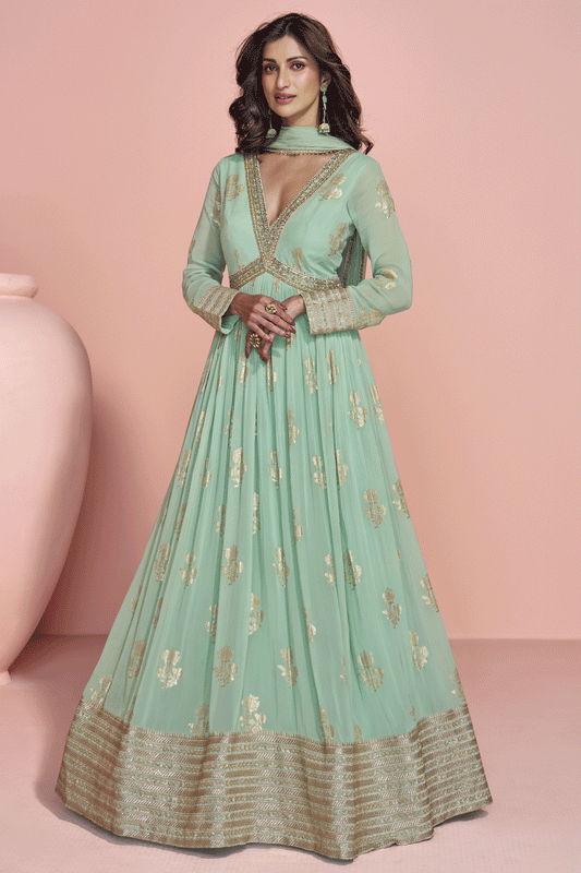 Green Readymade Viscose Silk Gown with Dupatta-SS808_1_SareeButa.com