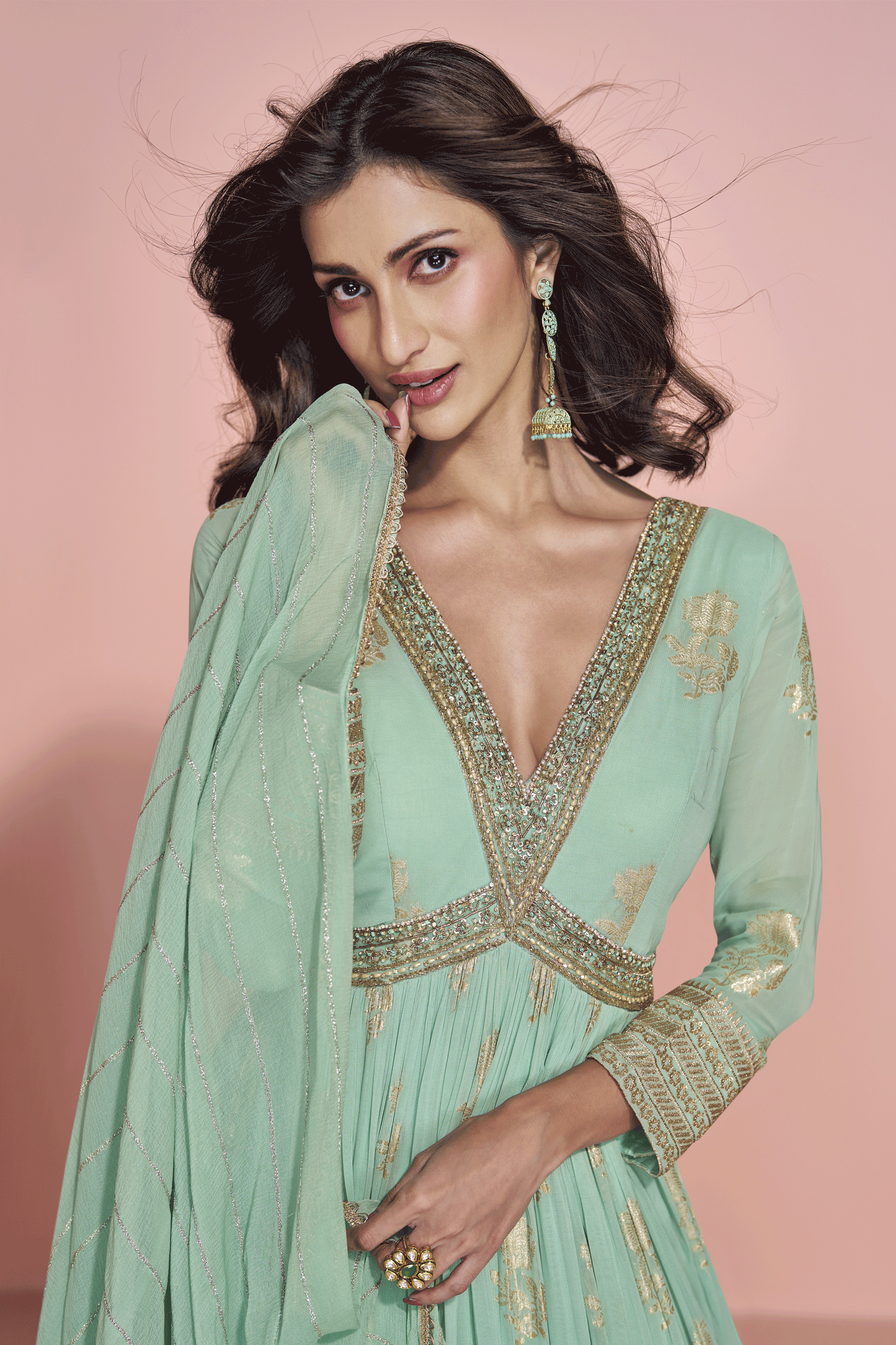 Green Readymade Viscose Silk Gown with Dupatta-SS808_2_SareeButa.com